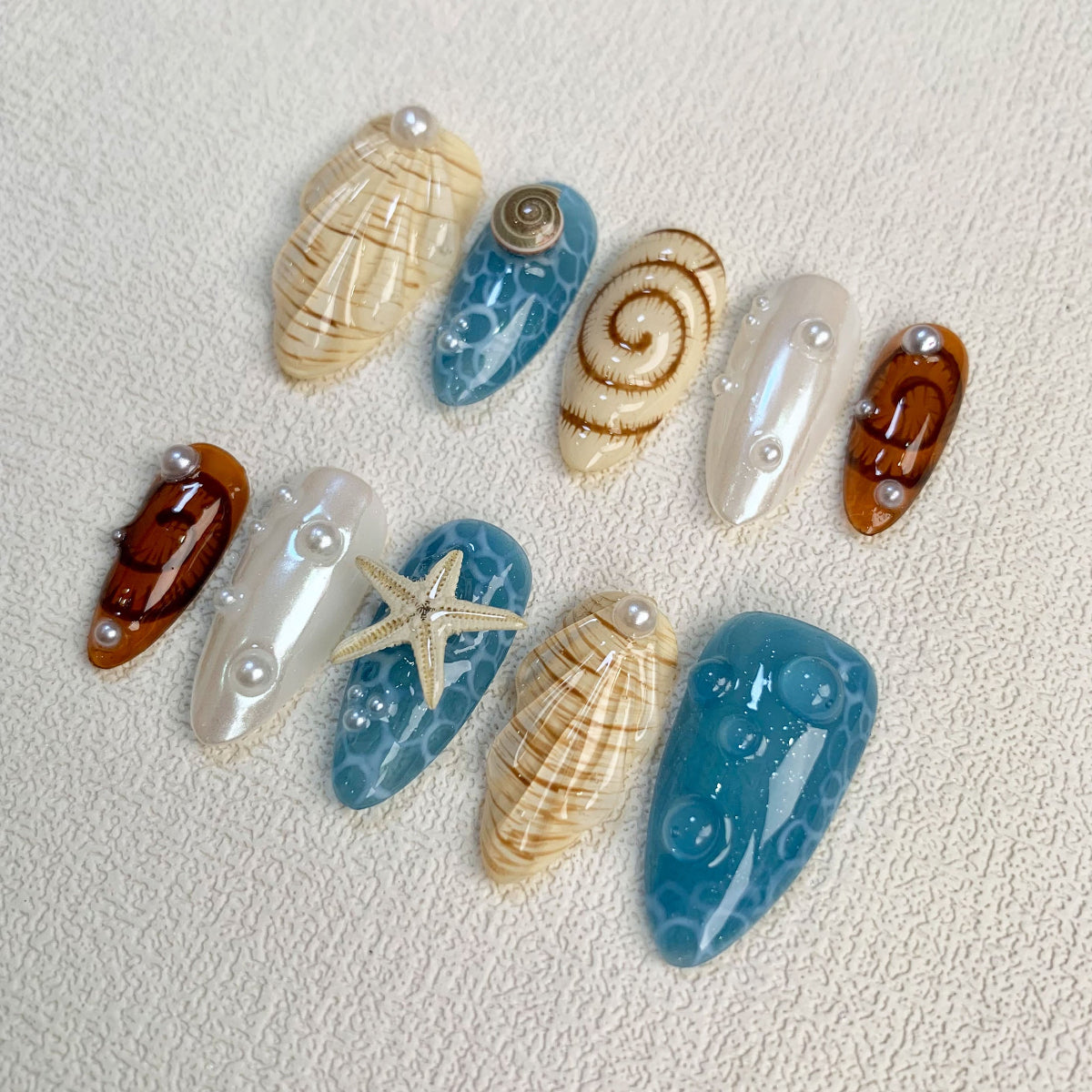 Blue Beach Press On Nails, Starfish Snails Spring Summer Sea Vacation Press On Nails