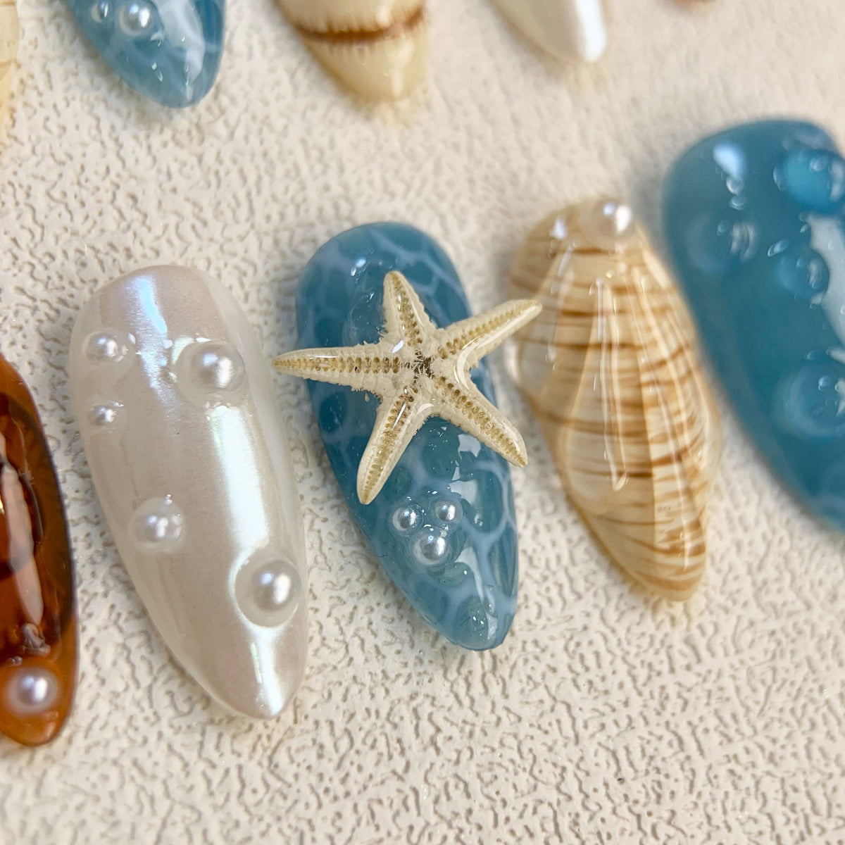 Blue Beach Press On Nails, Starfish Snails Spring Summer Sea Vacation Press On Nails