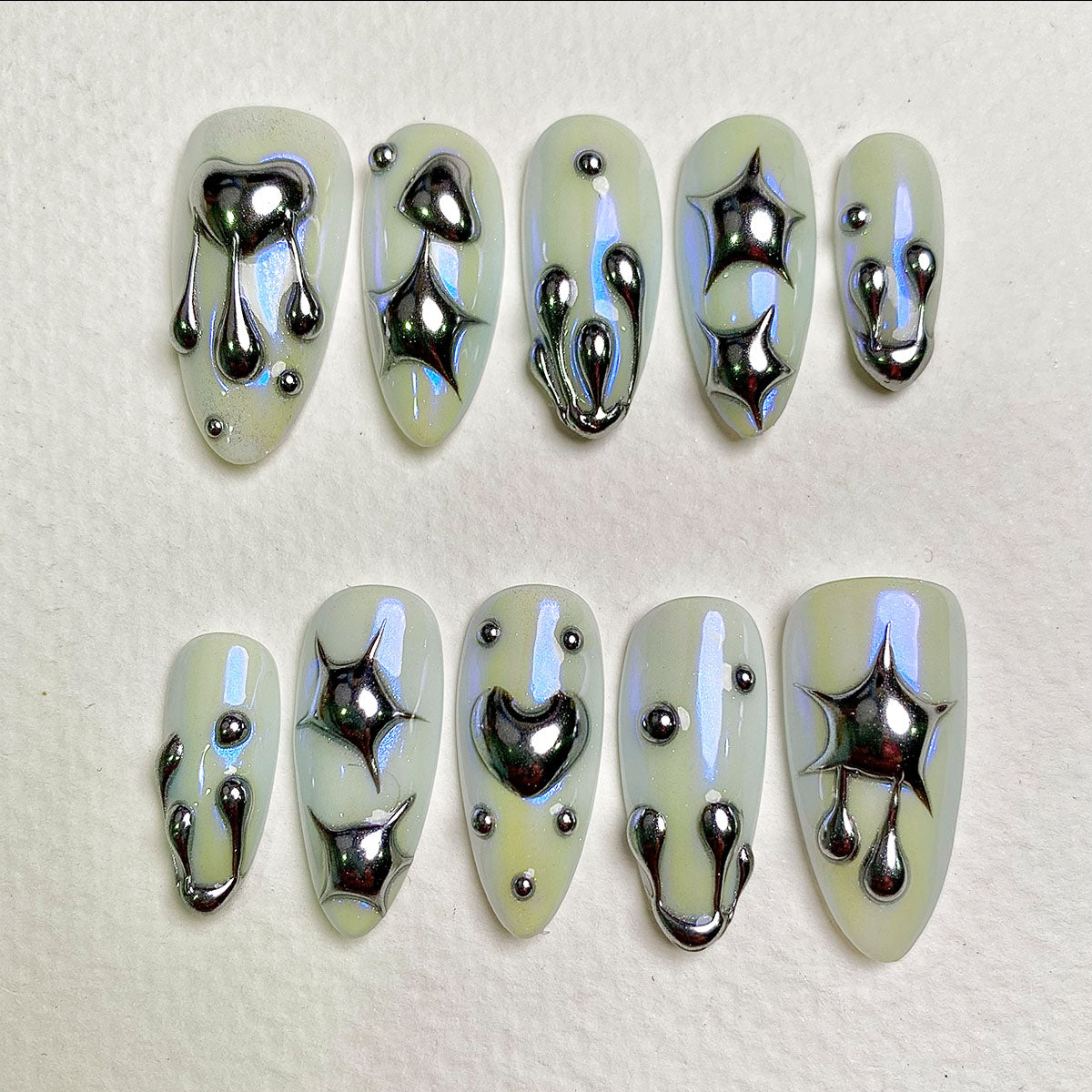 Celestial Chrome – Glow Green Press-On Nails, Futuristic Fake Nails with Star and Heart Chrome Details