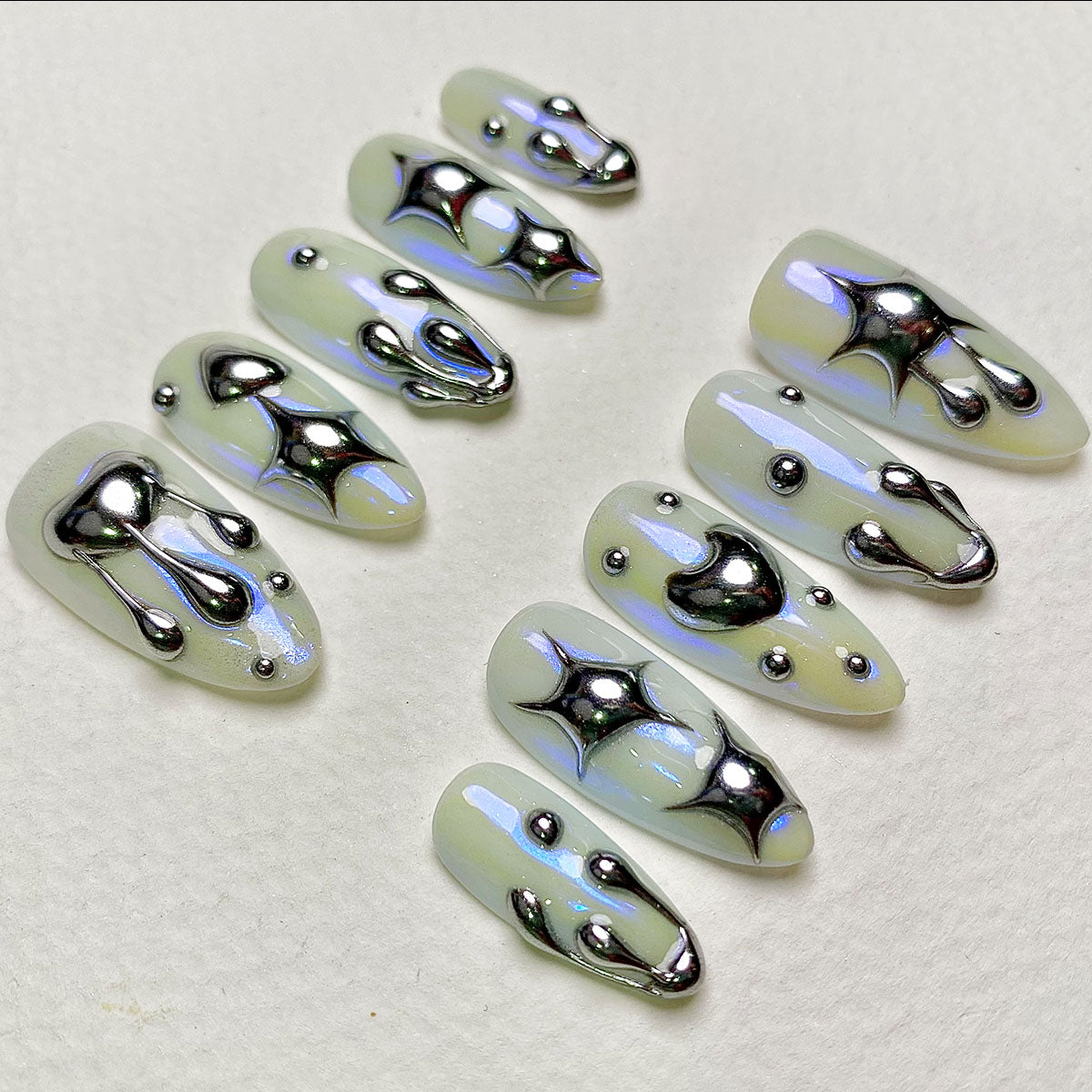 Celestial Chrome – Glow Green Press-On Nails, Futuristic Fake Nails with Star and Heart Chrome Details