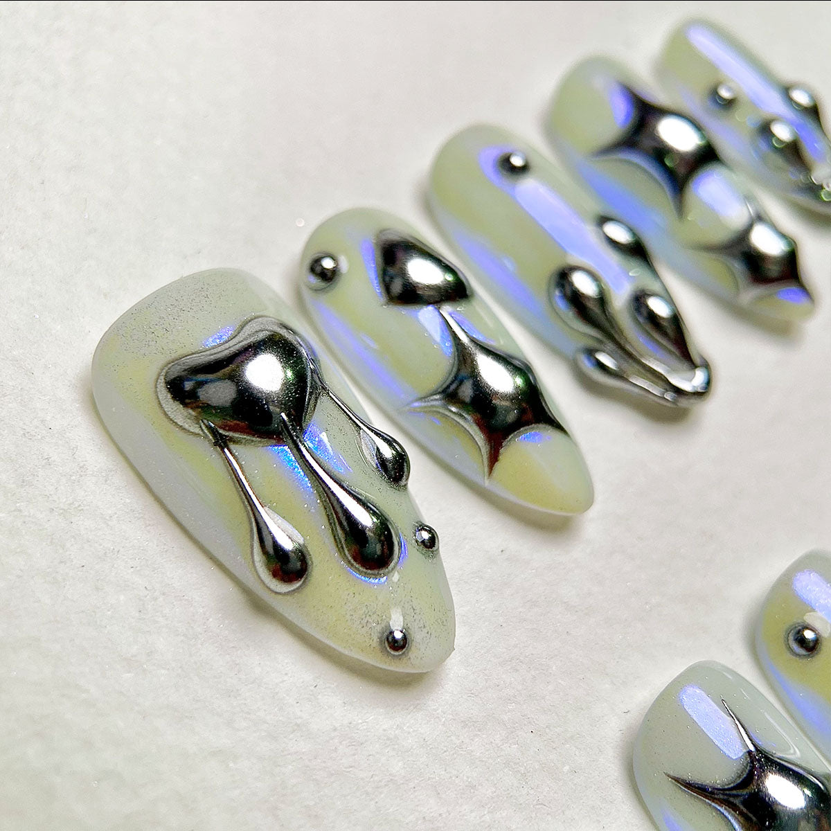 Celestial Chrome – Glow Green Press-On Nails, Futuristic Fake Nails with Star and Heart Chrome Details