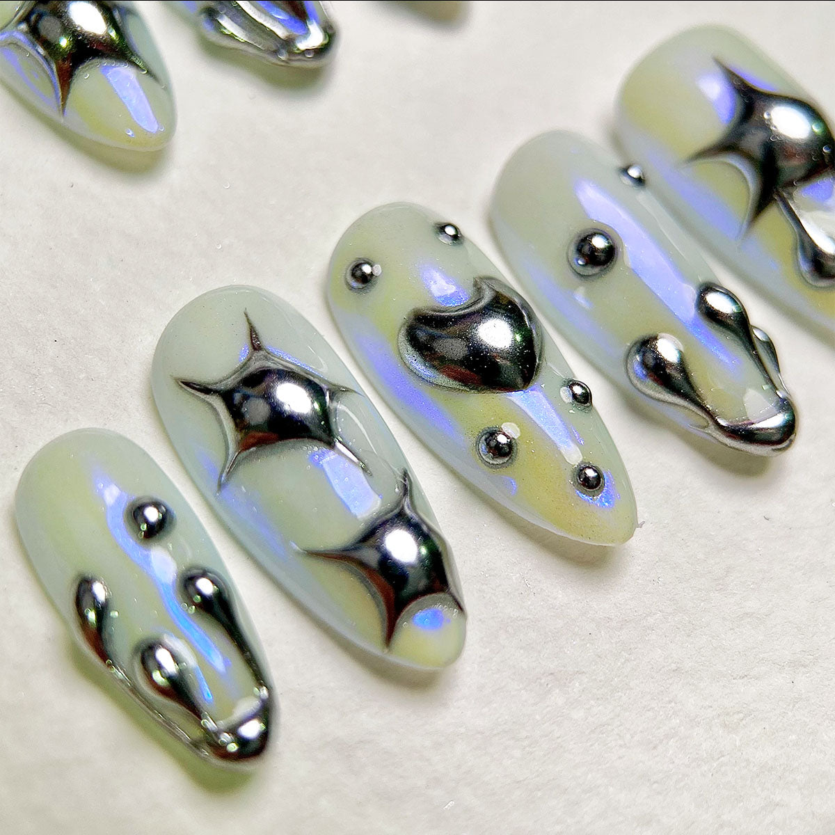 Celestial Chrome – Glow Green Press-On Nails, Futuristic Fake Nails with Star and Heart Chrome Details