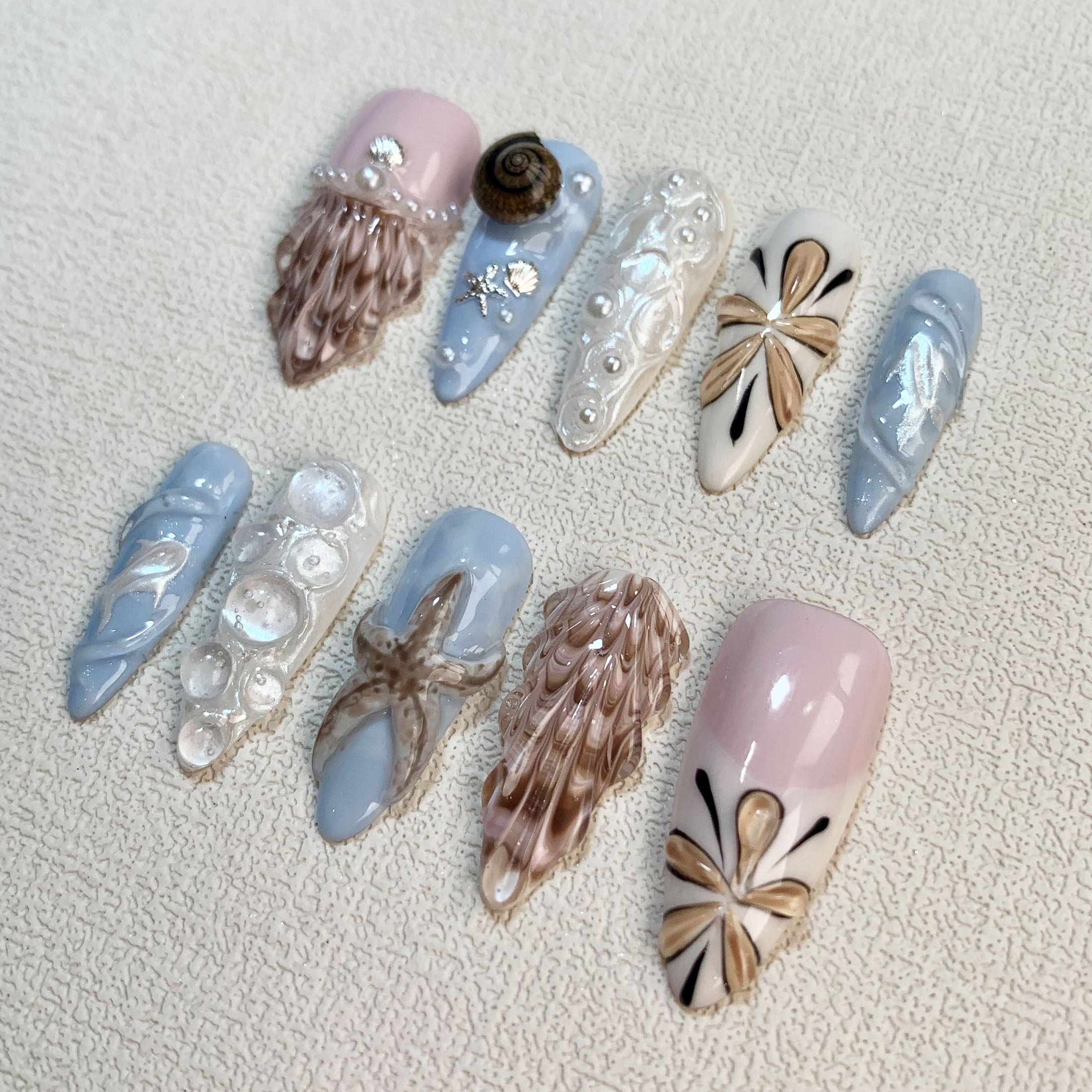 Pink Blue Sea Press On Nails, Starfish Snails Shells Spring Summer Sea Vacation Press On Nails