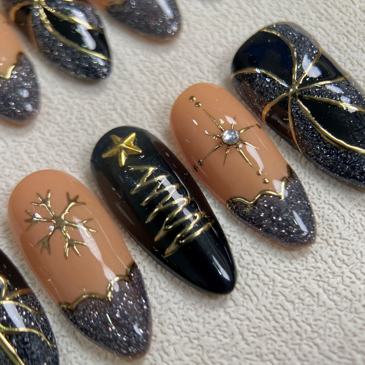 Dark Gothic Christmas Press On Nails, Gold Chrome Black Xmas Goth Nails, French Ribbons Pine Tree Holiday Winter Party Nails