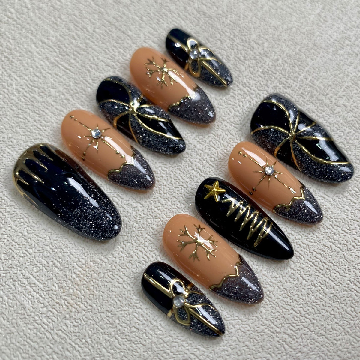 Dark Gothic Christmas Press On Nails, Gold Chrome Black Xmas Goth Nails, French Ribbons Pine Tree Holiday Winter Party Nails