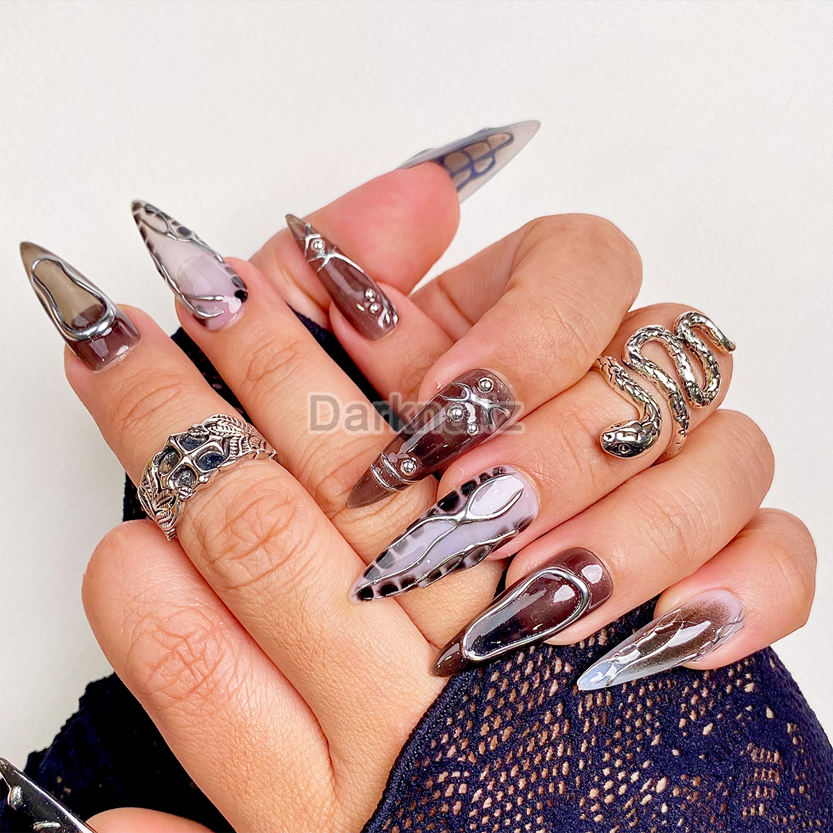 Custom Black Dark Press On Nails, Gothic Punk Rock Nails, Goth Y2K Silver Chrome Press On Nails