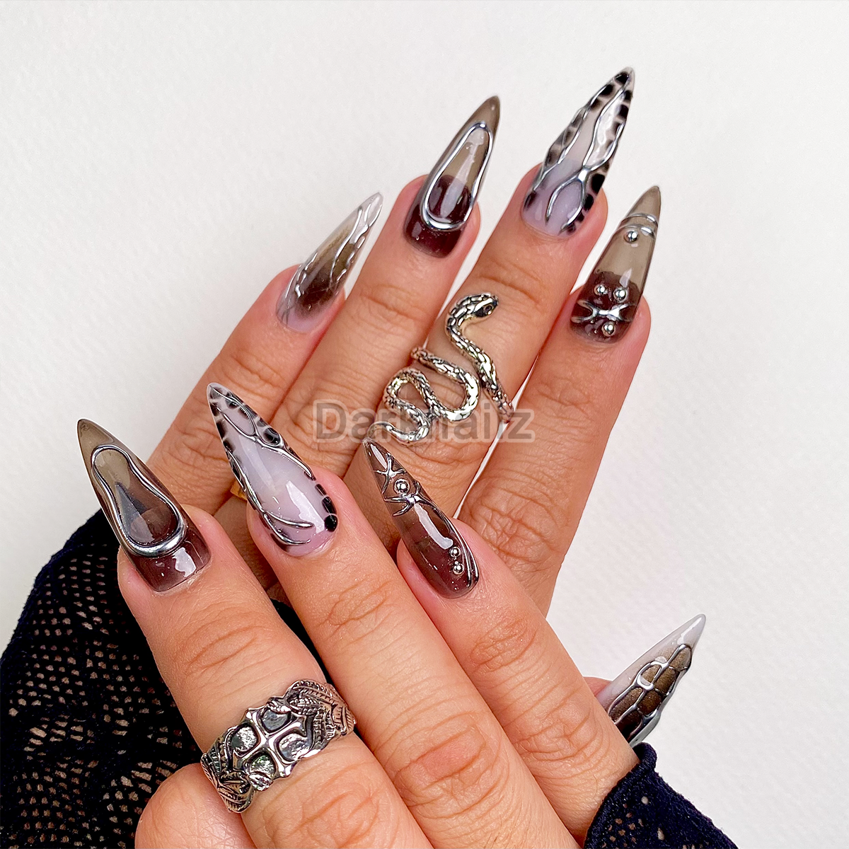 Custom Black Dark Press On Nails, Gothic Punk Rock Nails, Goth Y2K Silver Chrome Press On Nails
