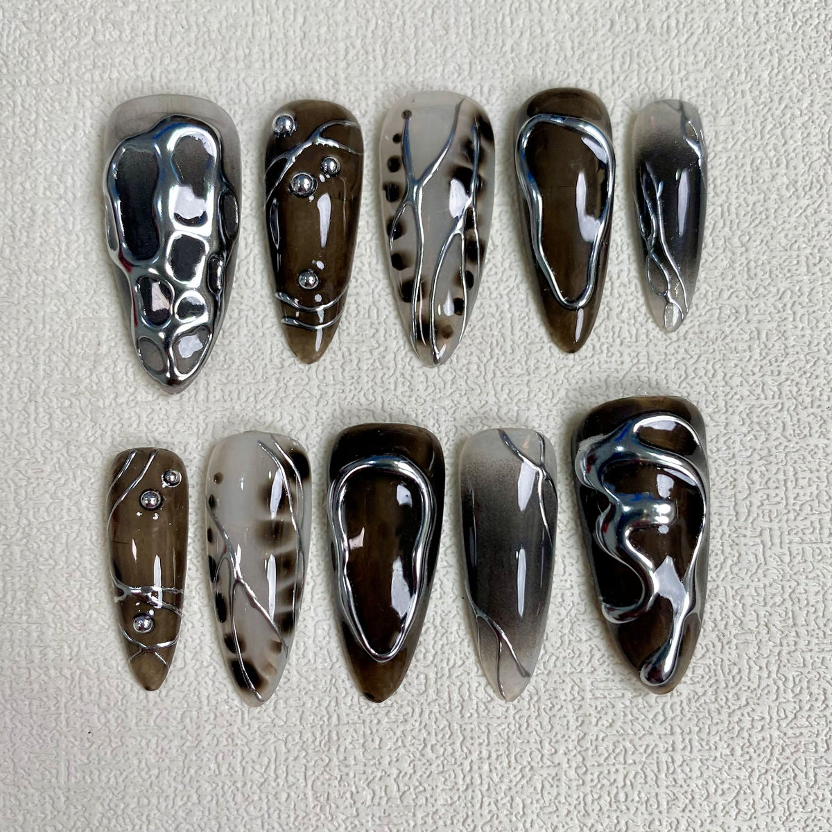 Custom Black Dark Press On Nails, Gothic Punk Rock Nails, Goth Y2K Silver Chrome Press On Nails