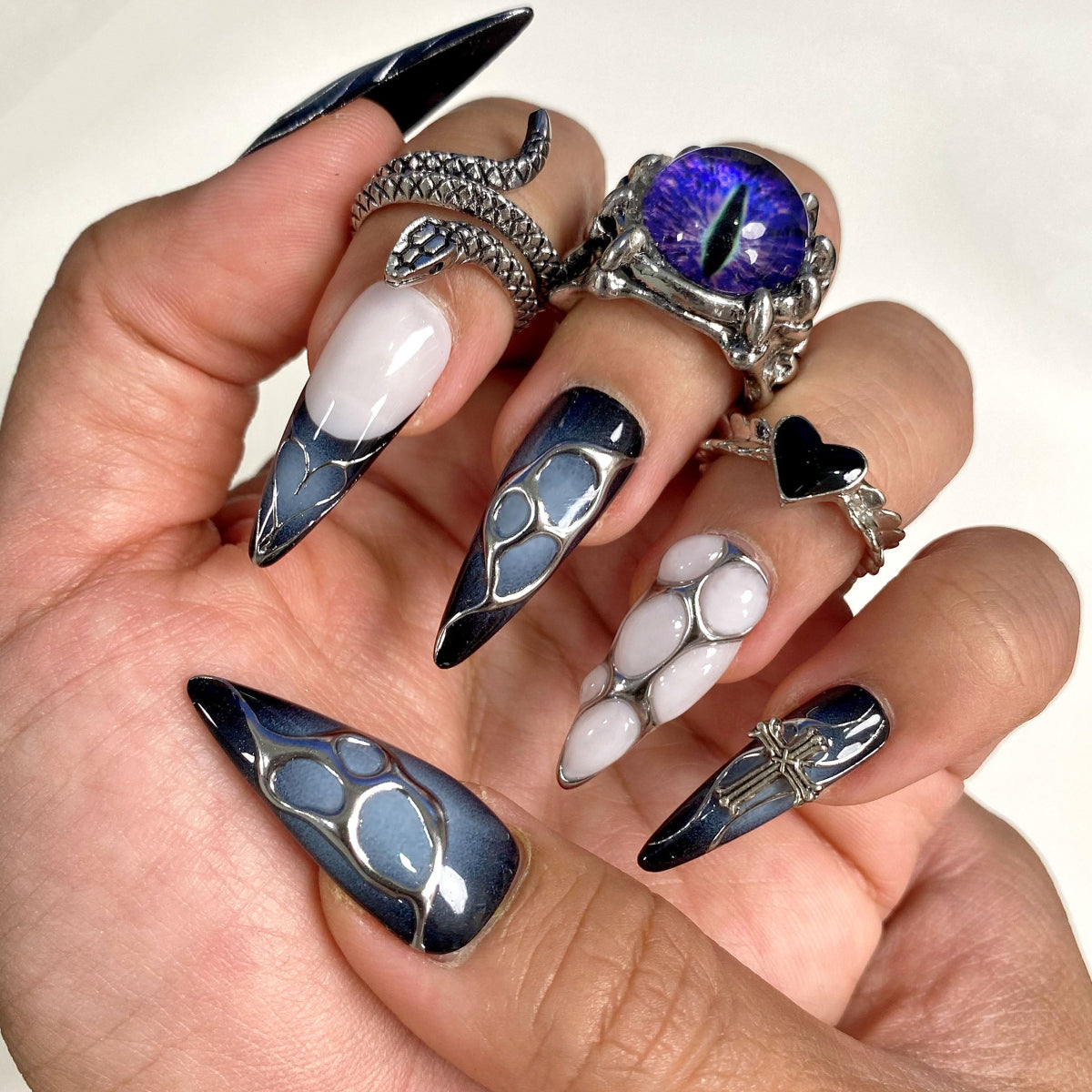 Custom Black Dark Press On Nails, Gothic Punk Rock Nails, Goth Y2K Crosses Press On Nails