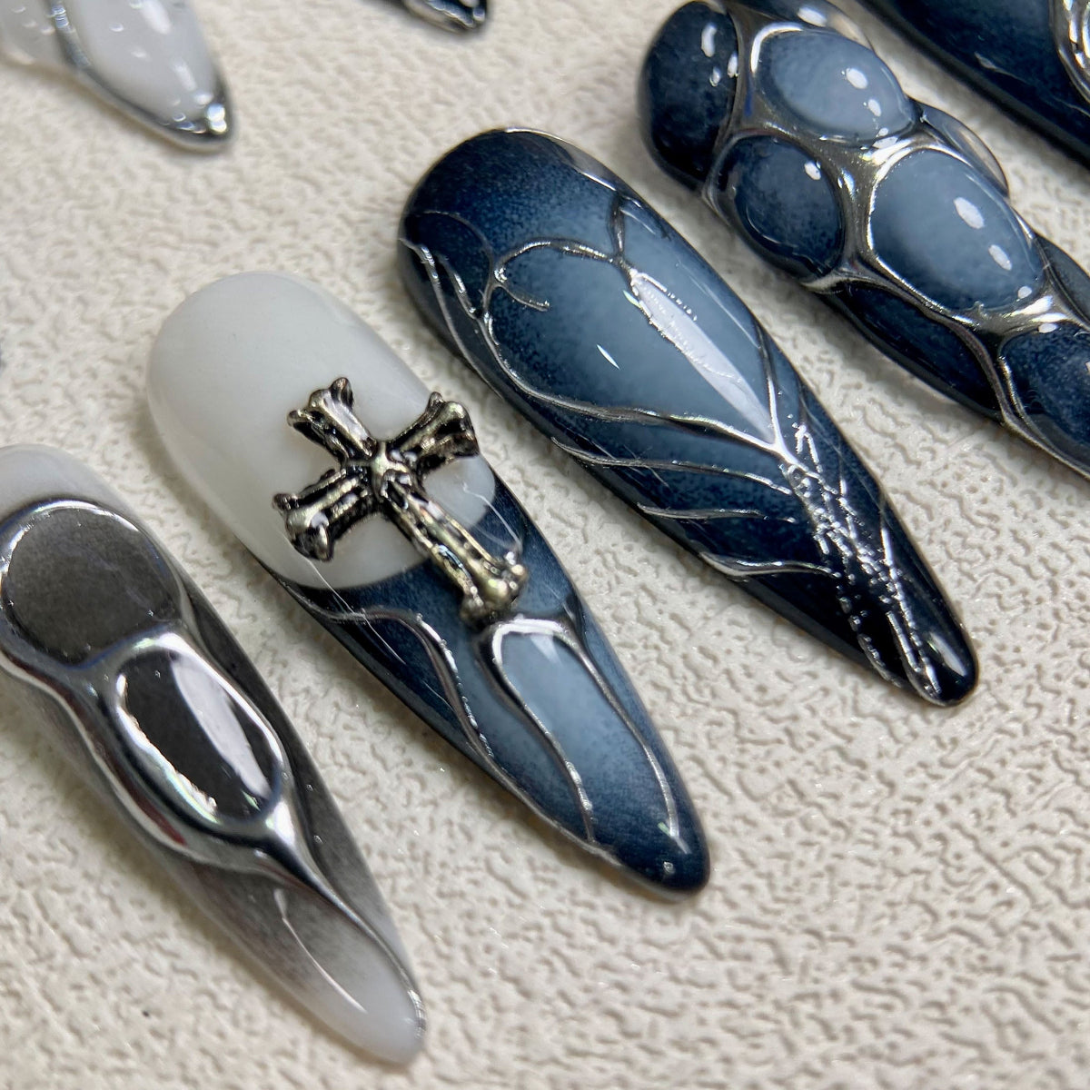 Custom Black Dark Press On Nails, Gothic Punk Rock Nails, Goth Y2K Crosses Press On Nails