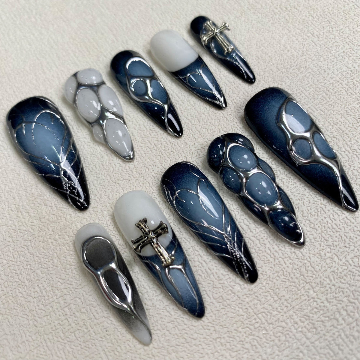 Custom Black Dark Press On Nails, Gothic Punk Rock Nails, Goth Y2K Crosses Press On Nails