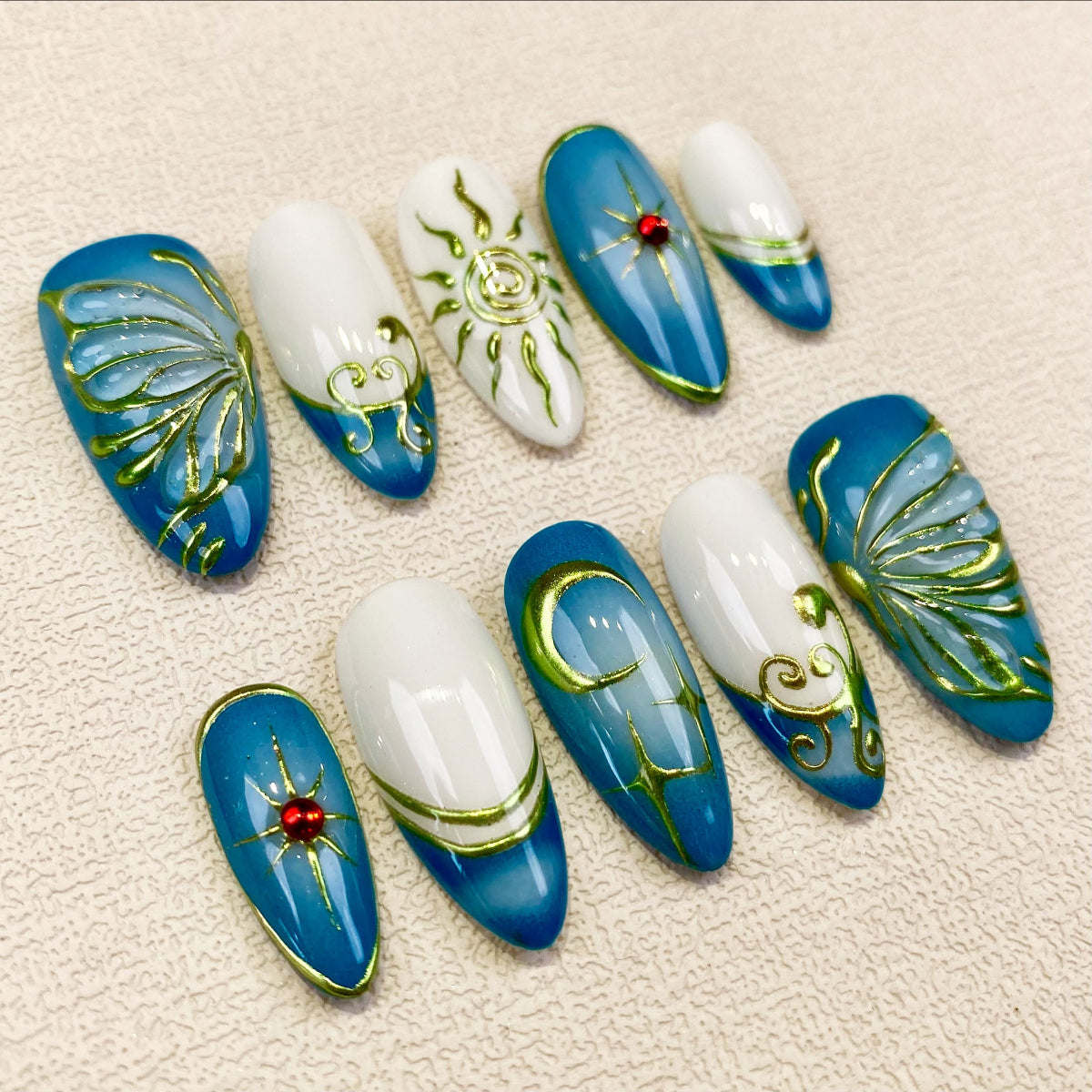 Handmade Vintage Blue Butterfly, Sun and Moon Press On Nails | Darknailz