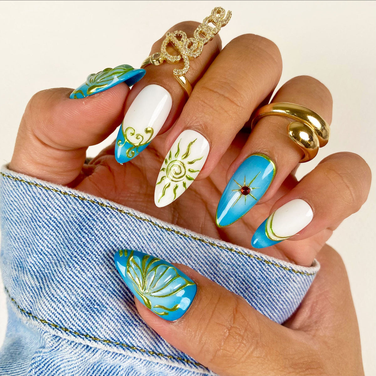 Handmade Vintage Blue Butterfly, Sun and Moon Press On Nails | Darknailz