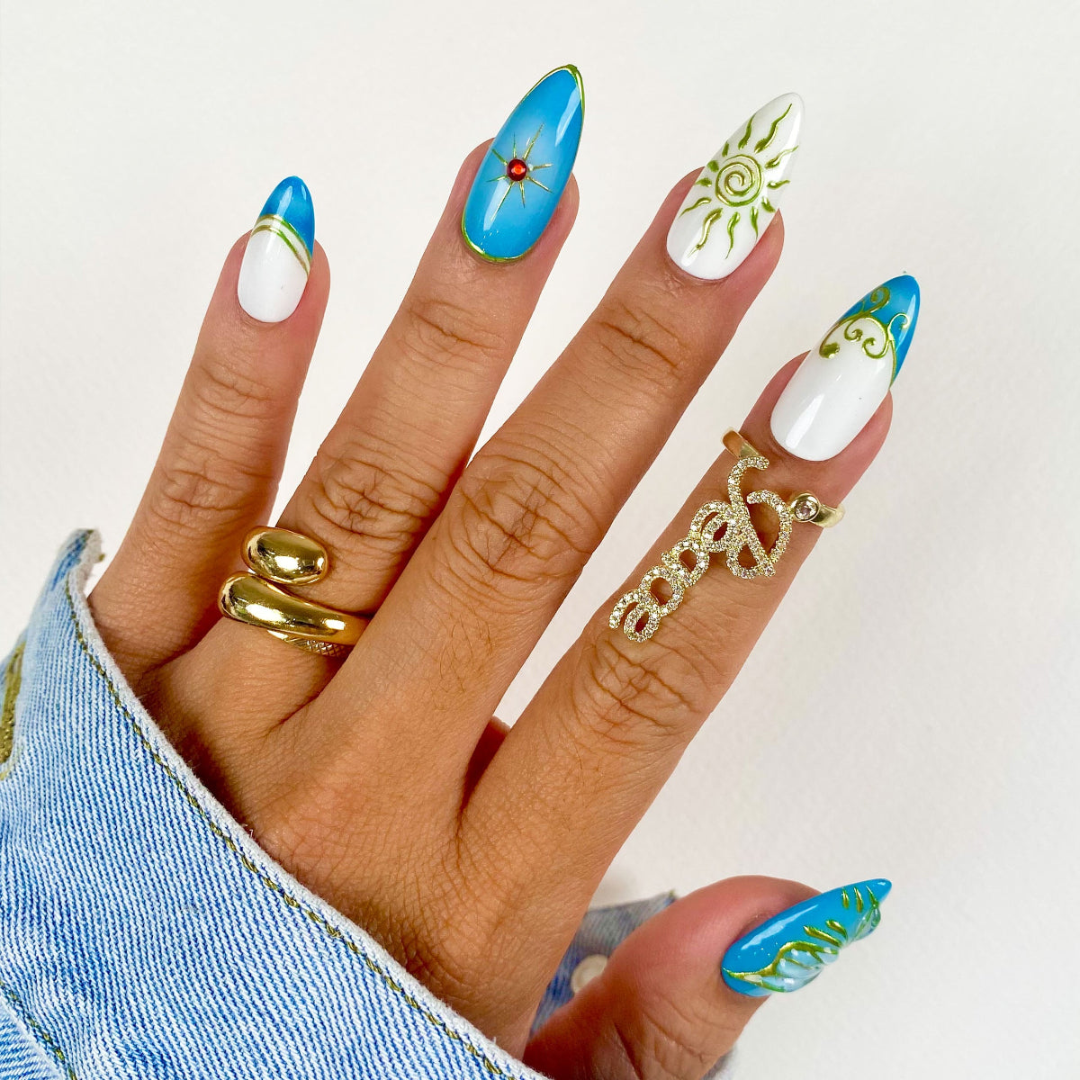 Handmade Vintage Blue Butterfly, Sun and Moon Press On Nails | Darknailz