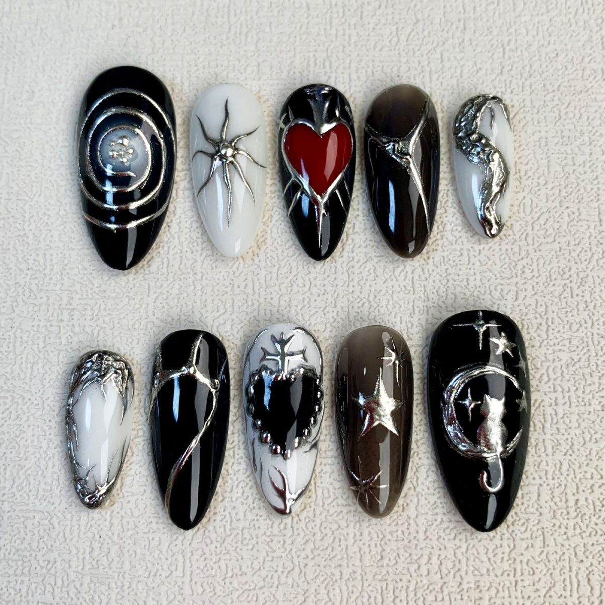 Black White Press On Nails, Gothic Punk Rock Red Heart Nails, Goth Y2K Press On Nails