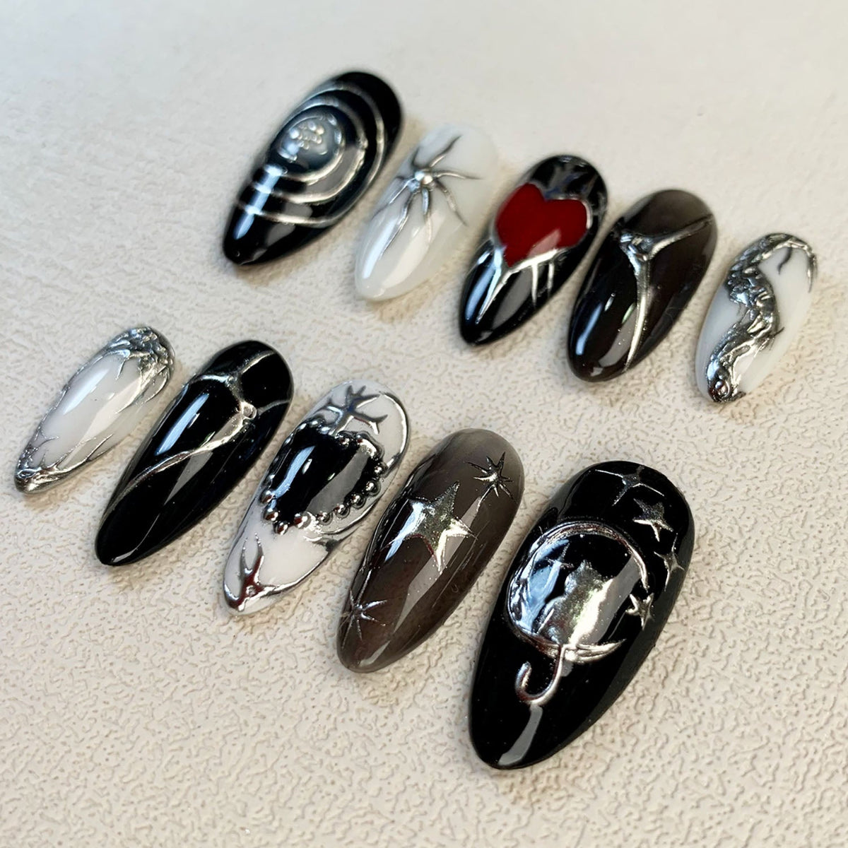 Black White Press On Nails, Gothic Punk Rock Red Heart Nails, Goth Y2K Press On Nails