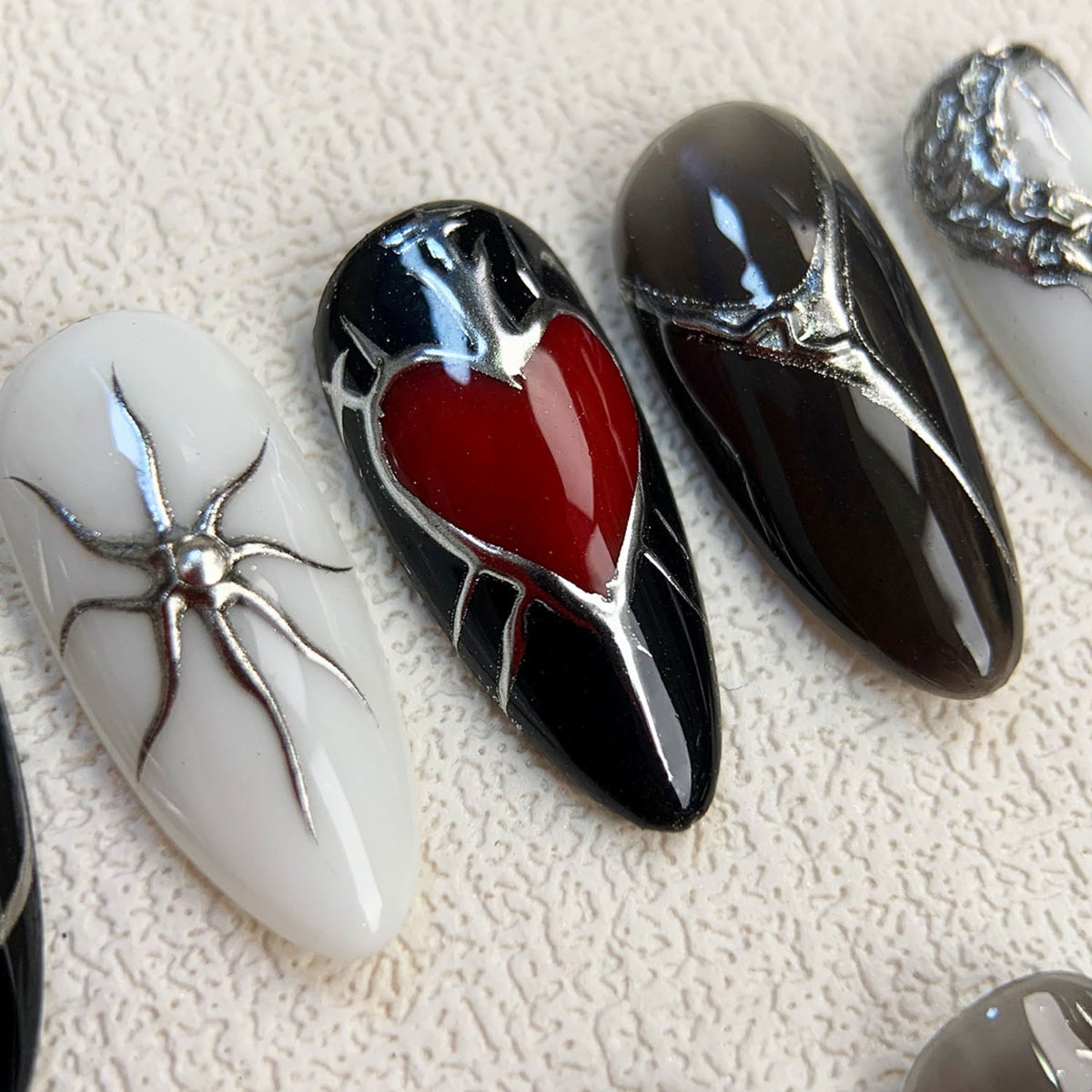 Black White Press On Nails, Gothic Punk Rock Red Heart Nails, Goth Y2K Press On Nails