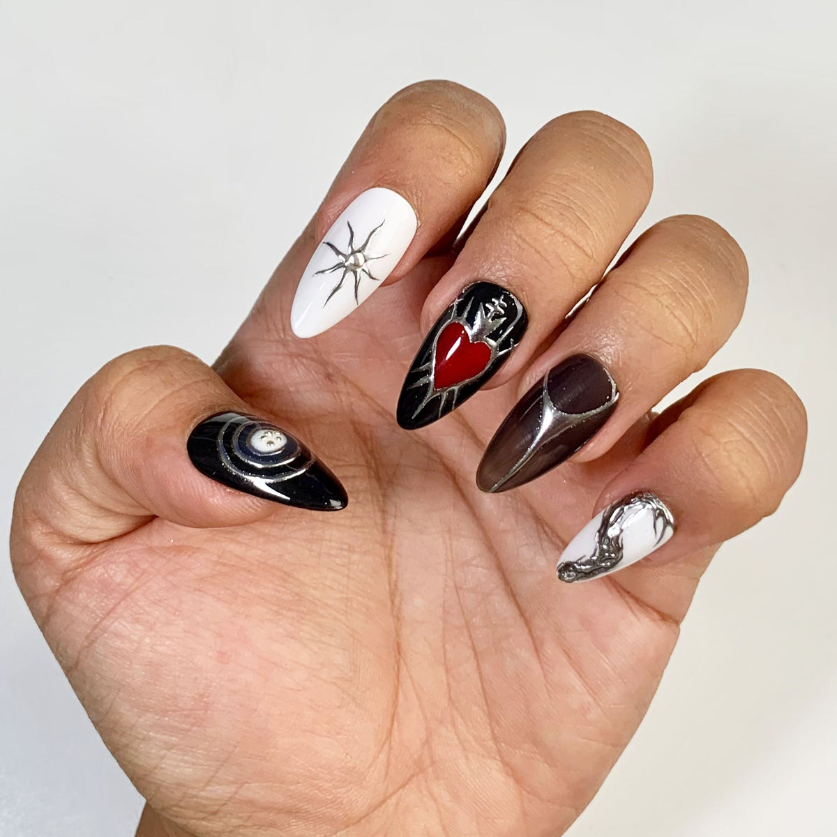 Black White Press On Nails, Gothic Punk Rock Red Heart Nails, Goth Y2K Press On Nails