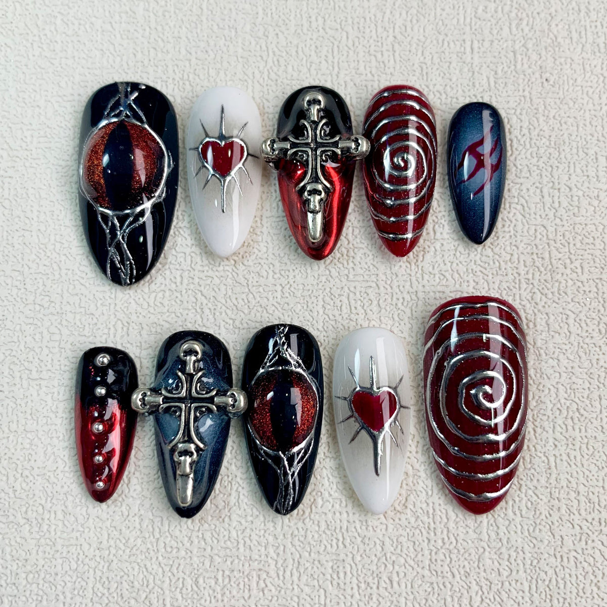 Dark Red Press On Nails, Gothic Punk Rock Hearts Crosses Nails, Goth Y2K Black Fake Nails