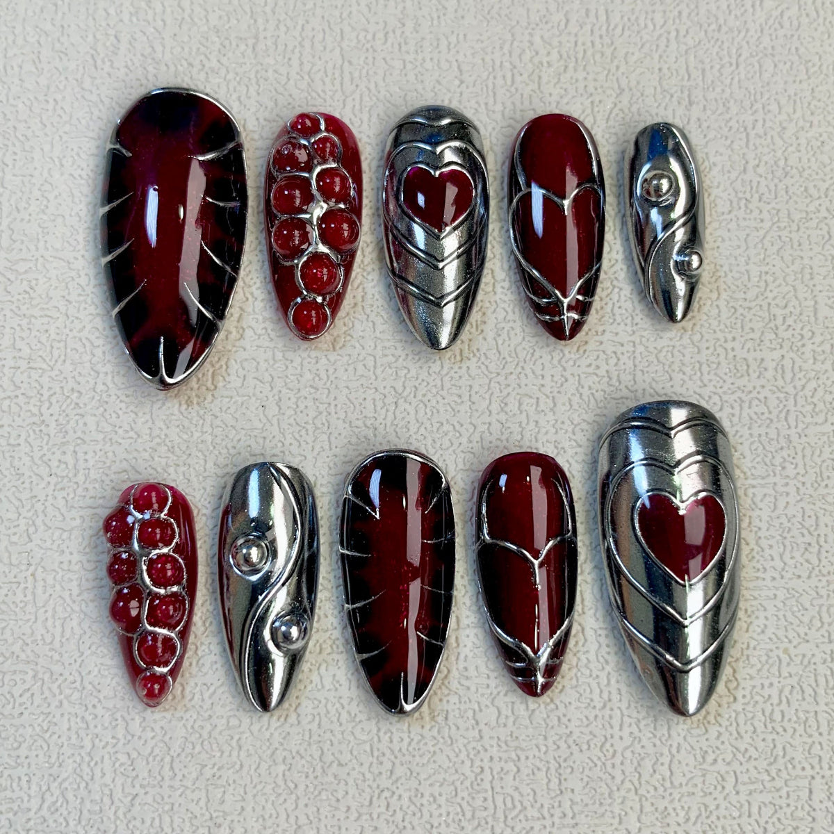Dark Red Press On Nails, Gothic Punk Rock Nails, Goth Y2K Hearts Silver Fake Nails