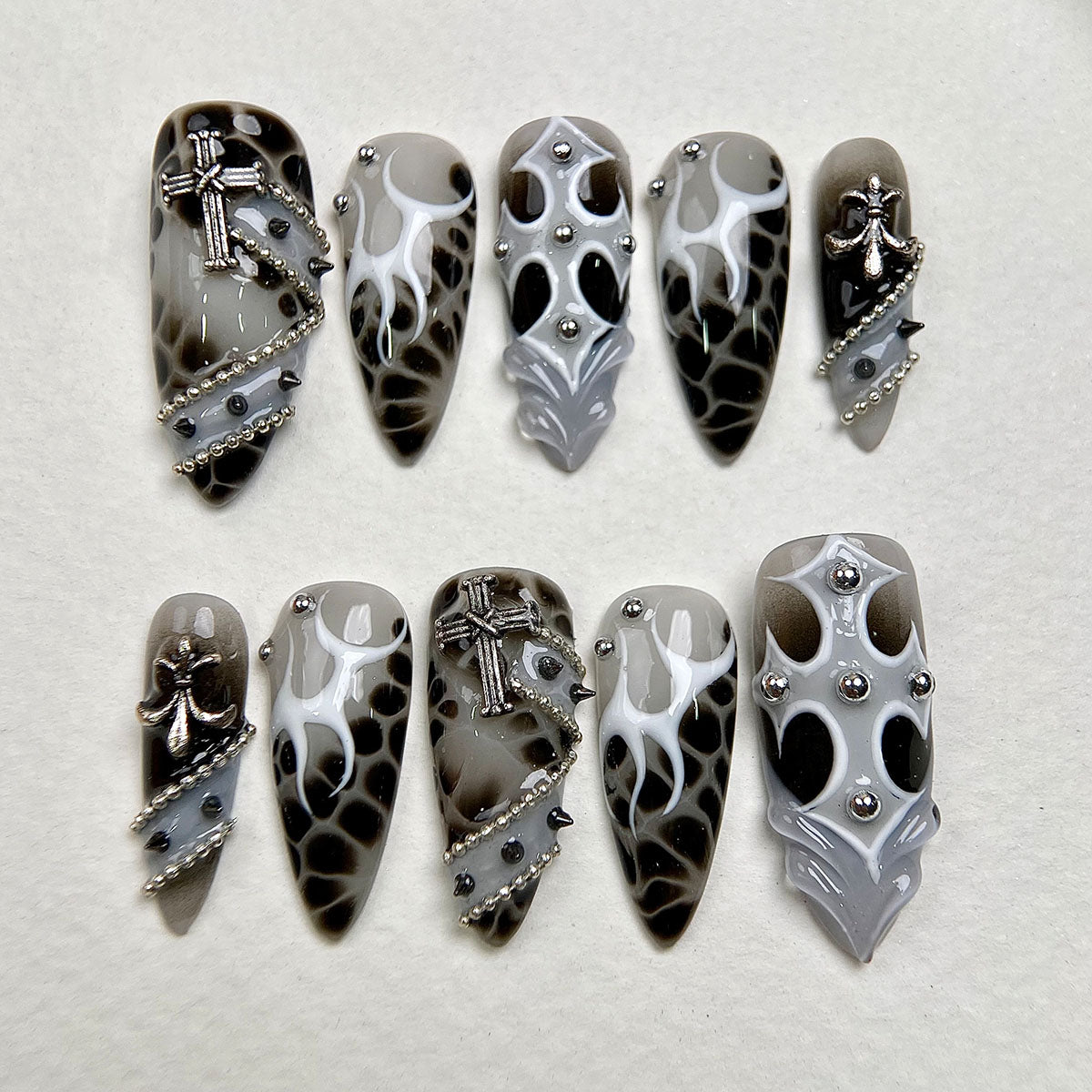 White Cross – Black Grey Press-On Nails, Gothic Fake Nails with Cross, Chain and Stud Details