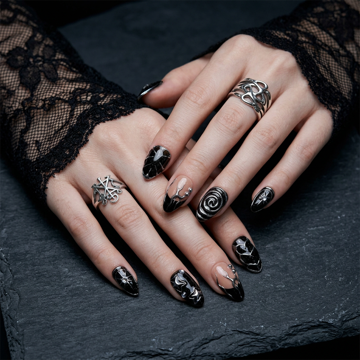 Black Press On Nails, Gothic Punk Rock Nails, Goth Silver Mirror Effect With Nude French DarkNailz