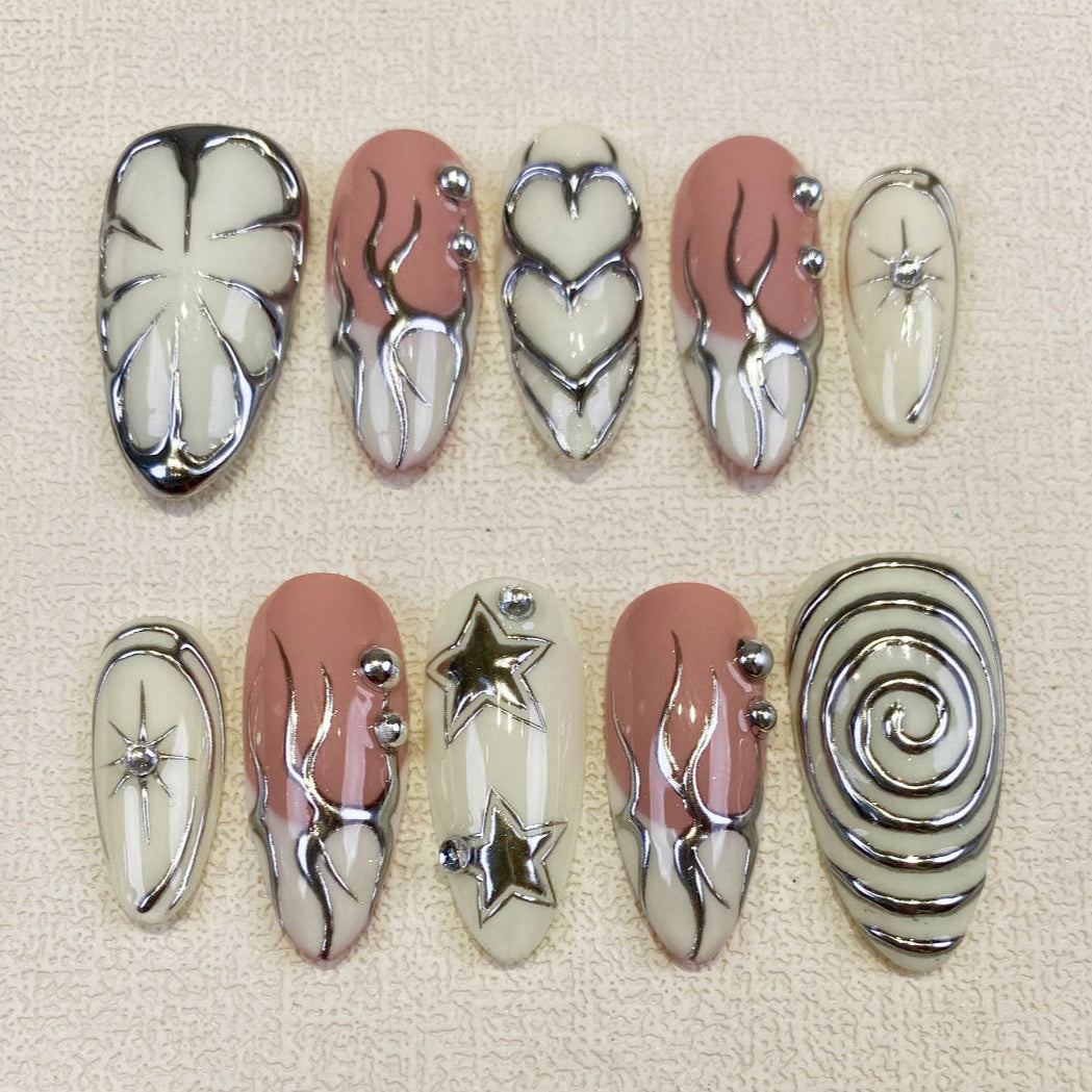 White Press On Nails, Gothic Punk Rock Nails, Goth Silver Mirror Effect With Nude French DarkNailz