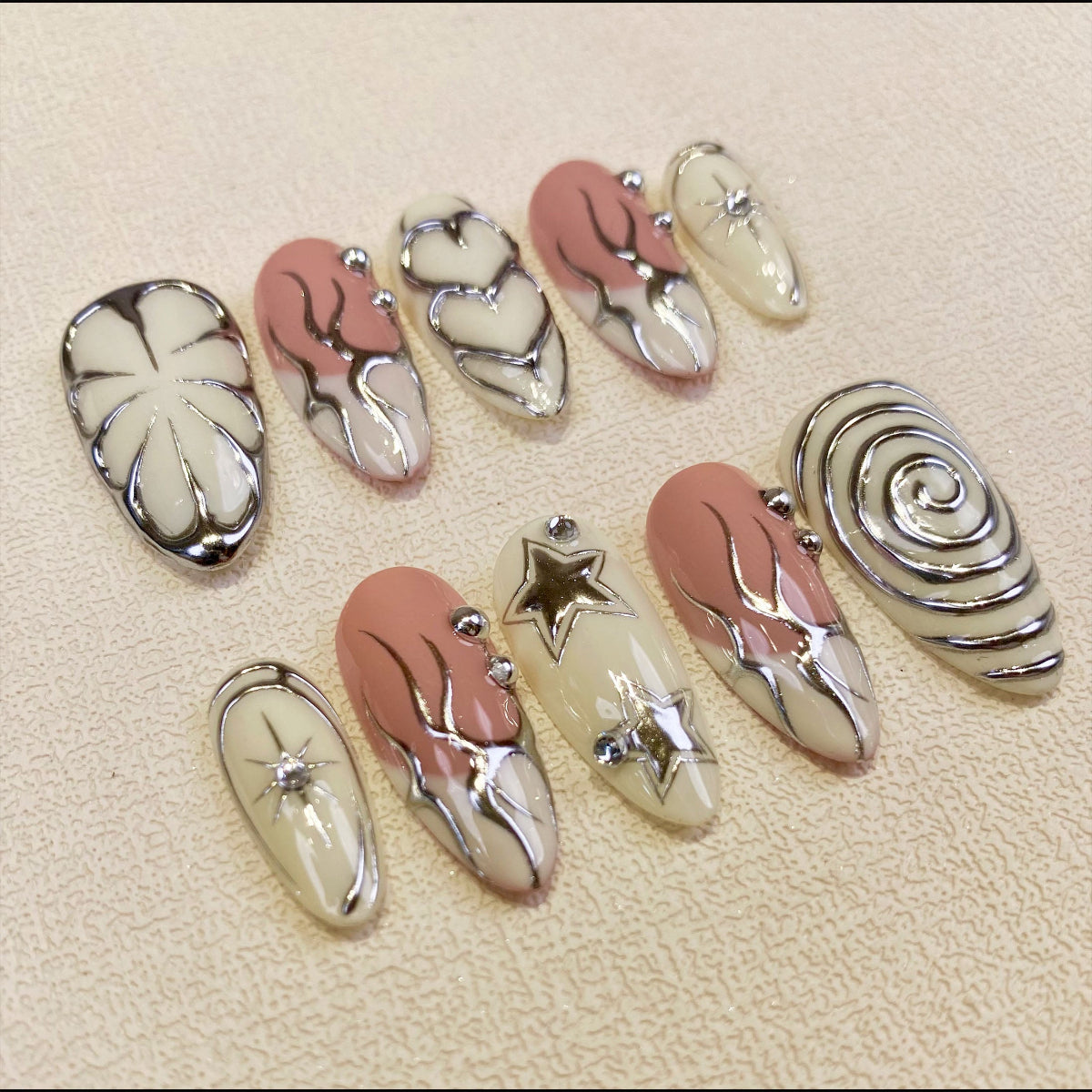 White Press On Nails, Gothic Punk Rock Nails, Goth Silver Mirror Effect With Nude French DarkNailz