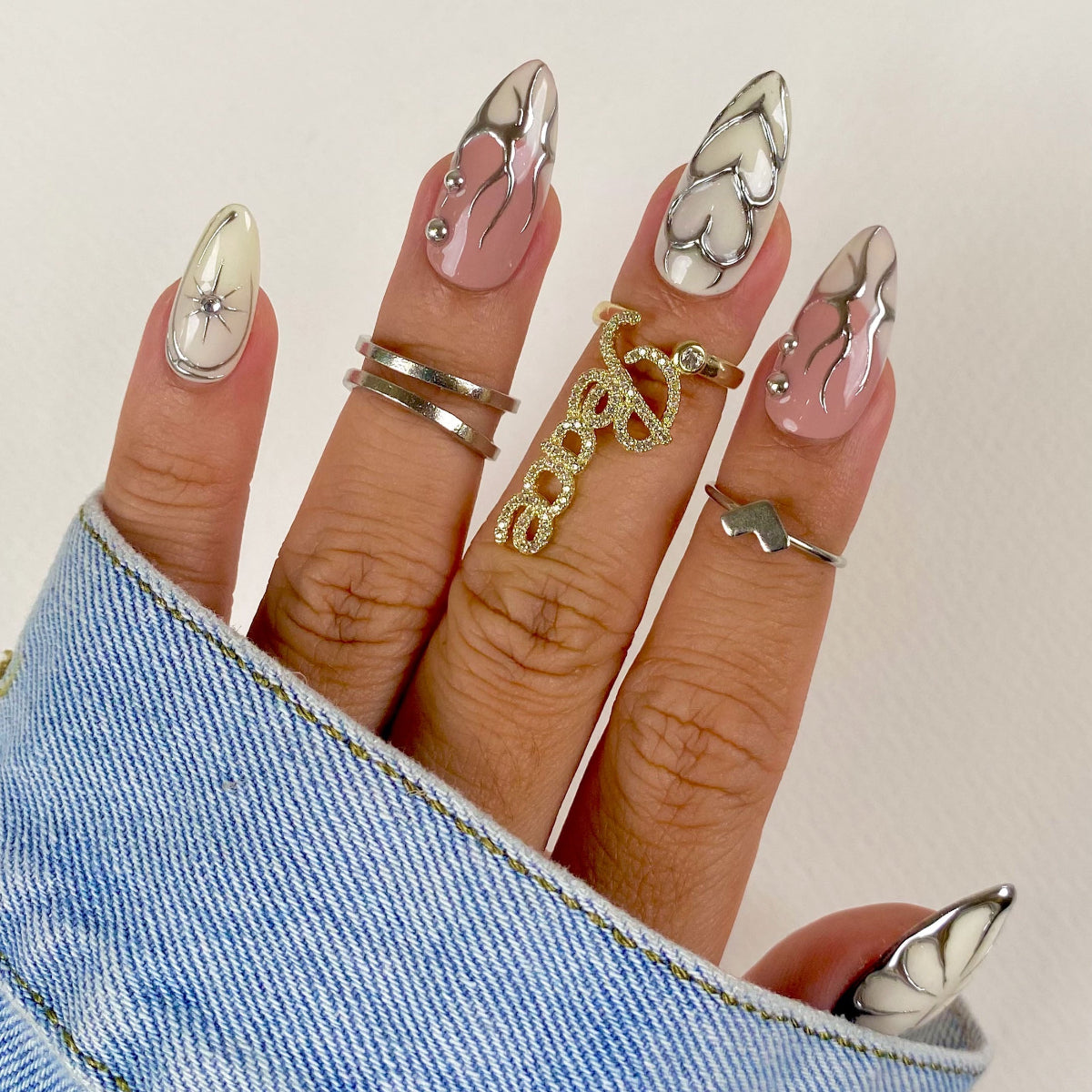 White Press On Nails, Gothic Punk Rock Nails, Goth Silver Mirror Effect With Nude French DarkNailz