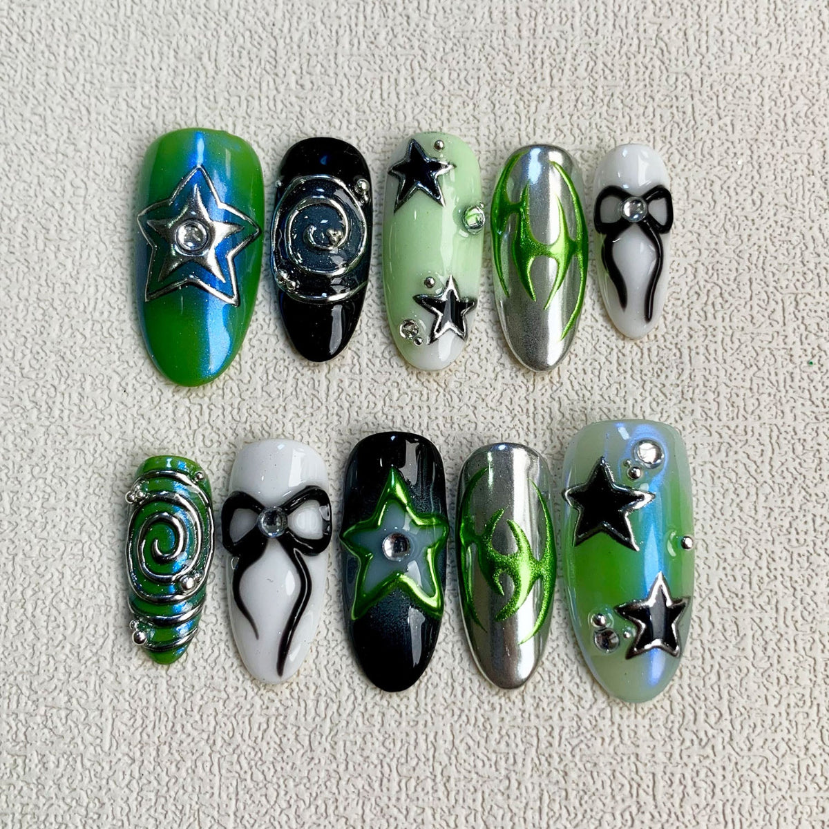 Green Press On Nails, Gothic Punk Rock Nails, Goth Y2K Ribbons Black Stars Press On Nails