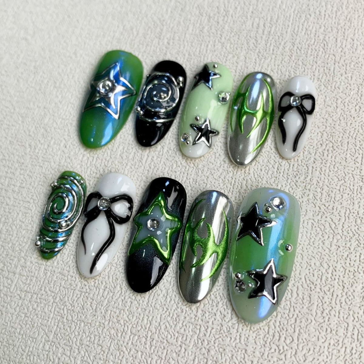 Green Press On Nails, Gothic Punk Rock Nails, Goth Y2K Ribbons Black Stars Press On Nails