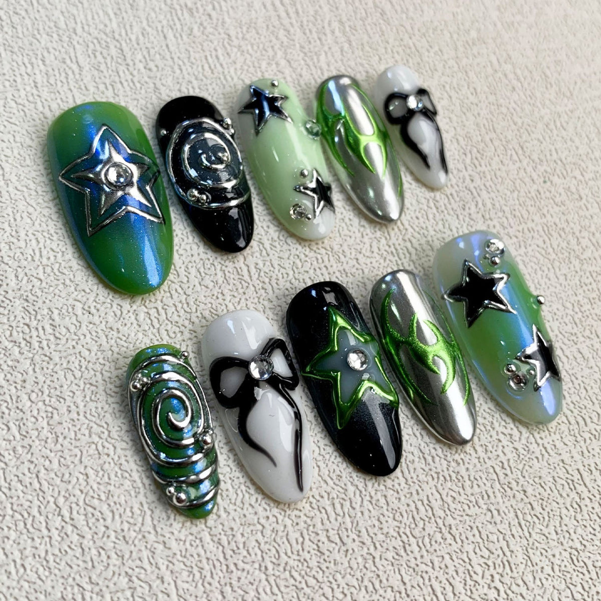 Green Press On Nails, Gothic Punk Rock Nails, Goth Y2K Ribbons Black Stars Press On Nails