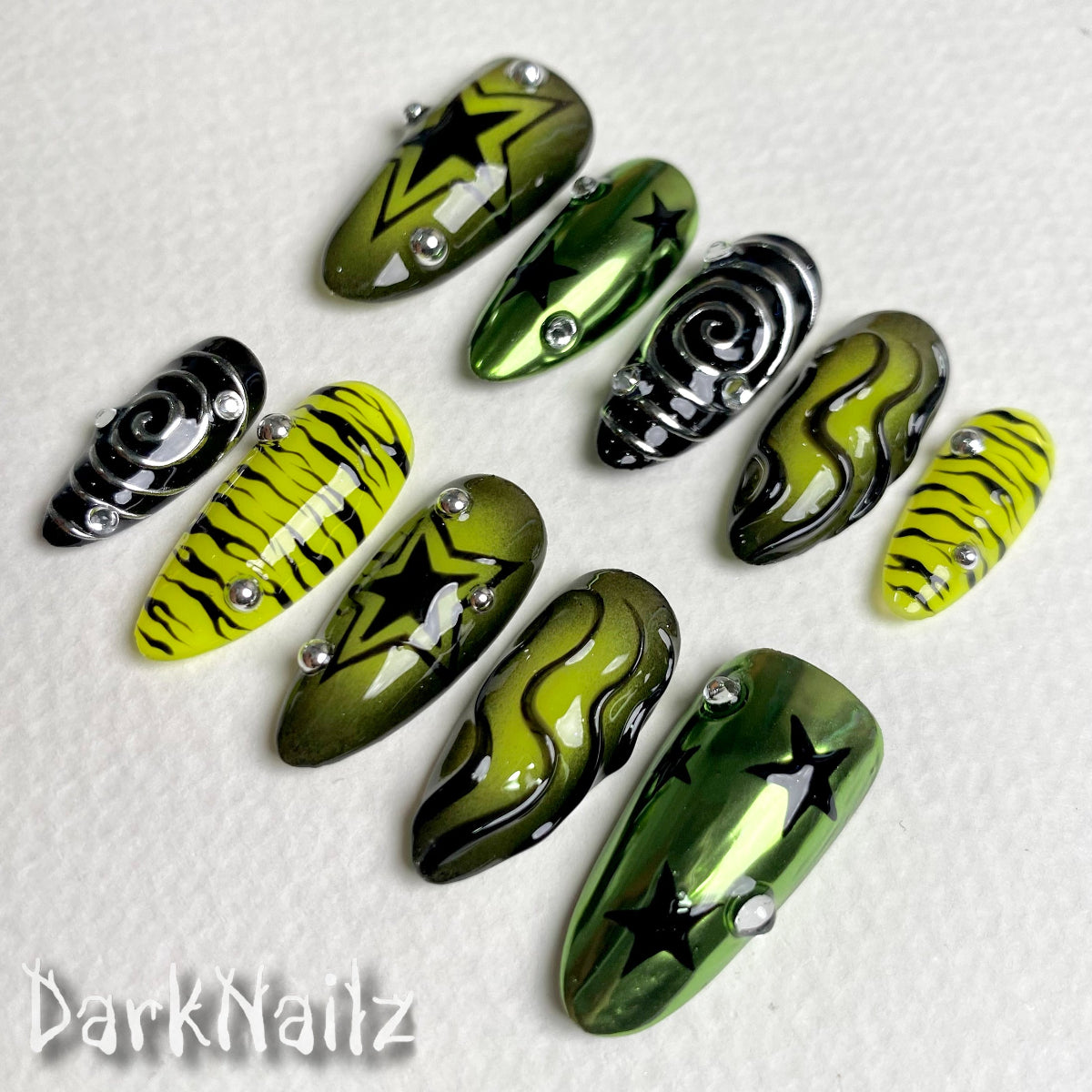 Y2K Green Chrome Press-On Nails, Neon Zebra Star Gothic Fake Nails