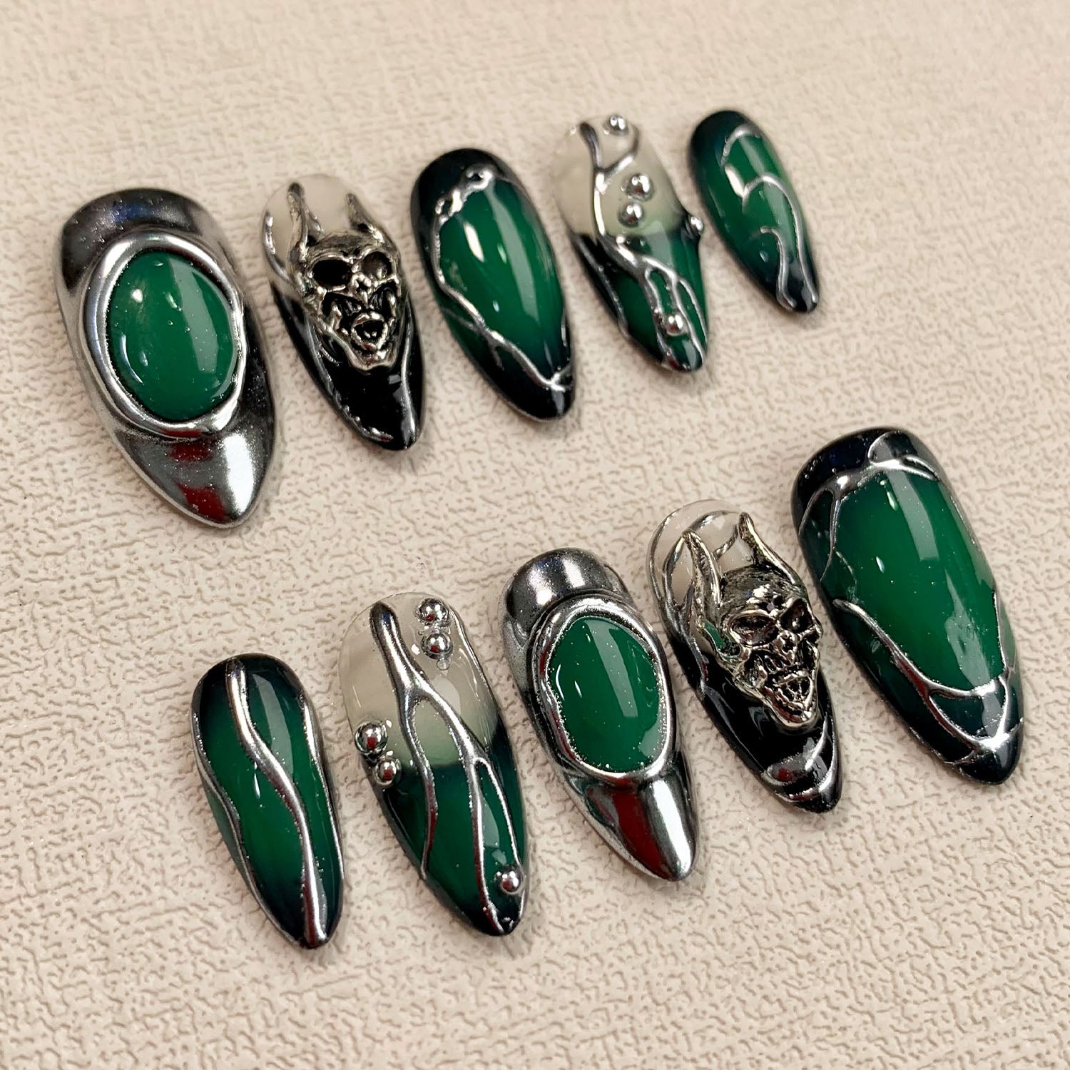 Green Skull Press On Nails, Gothic Punk Rock Skeleton Nails, Goth Y2K Dark Black Fake Nails - Darknailz