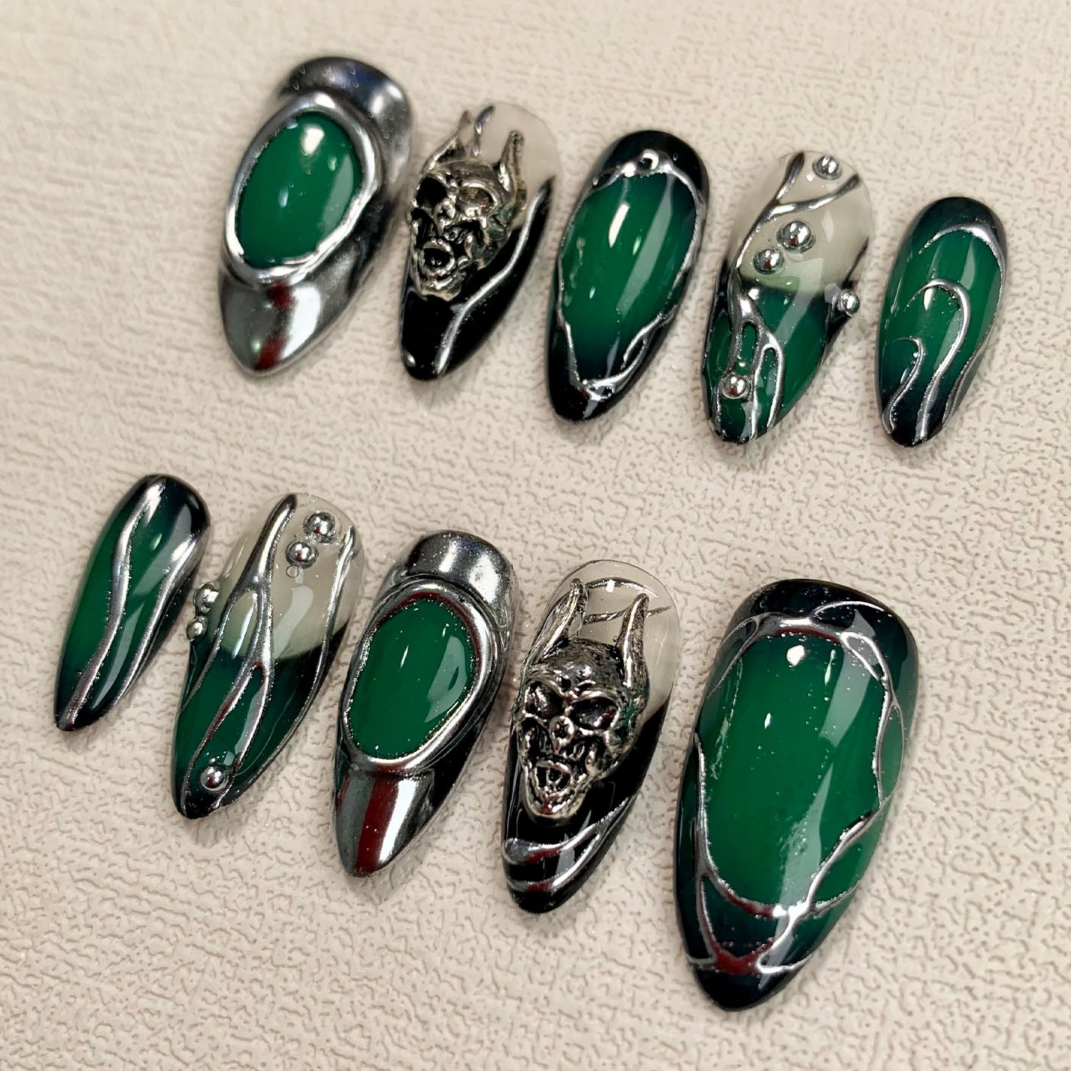 Green Skull Press On Nails, Gothic Punk Rock Skeleton Nails, Goth Y2K Dark Black Fake Nails - Darknailz