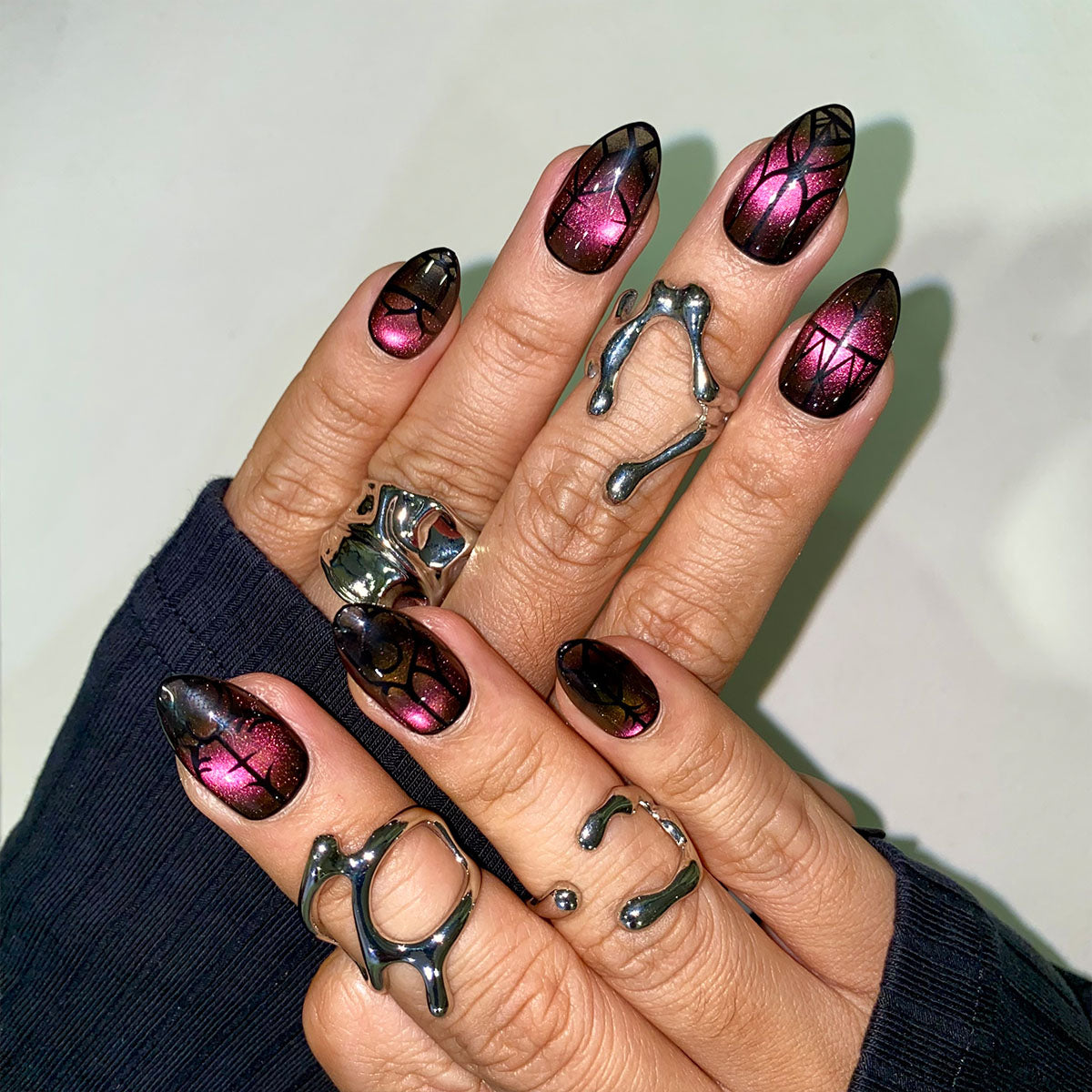 Inferno Sigil Gothic Press-On Nails – Black Red Cat Eye Fake Nails