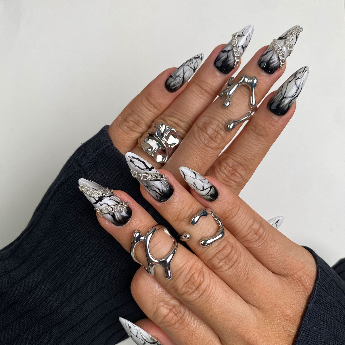 Phantom Marble Gothic Press-On Nails – Black White Smoke Fake Nails