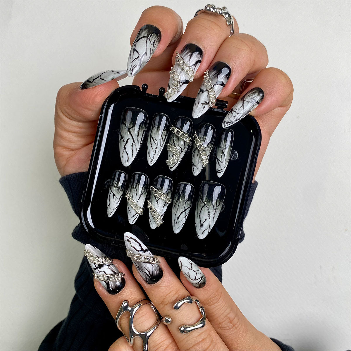 Phantom Marble Gothic Press-On Nails – Black White Smoke Fake Nails