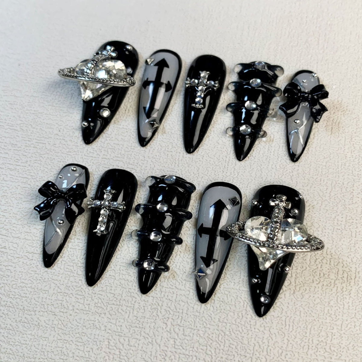 Black Crosses Press On Nails, Gothic Punk Y2K Jesus Christ Nails