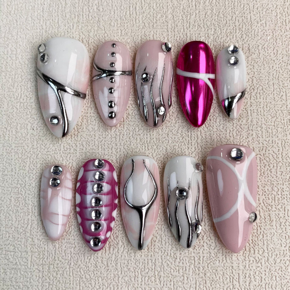 Light Pink Press On Nails, Y2K Silver Press On Nails