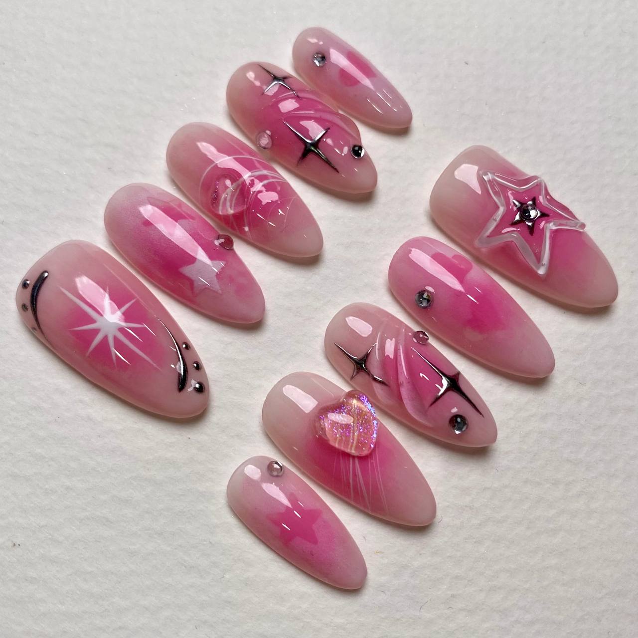 Stargirl Blush Pink Heart Star Press-On Nails, Chrome Sparkle Cute Fake Nails
