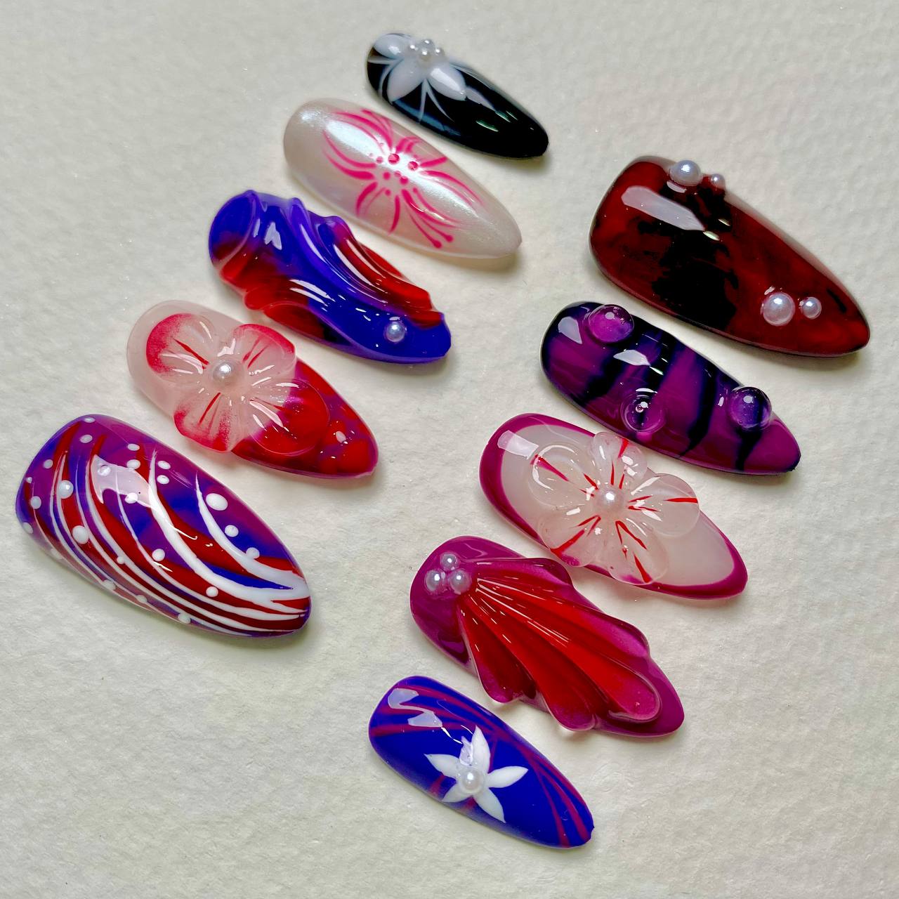 Electric Petal Shock Pop Art Press-On Nails, Red & Blue 3D Flower Fake Nails