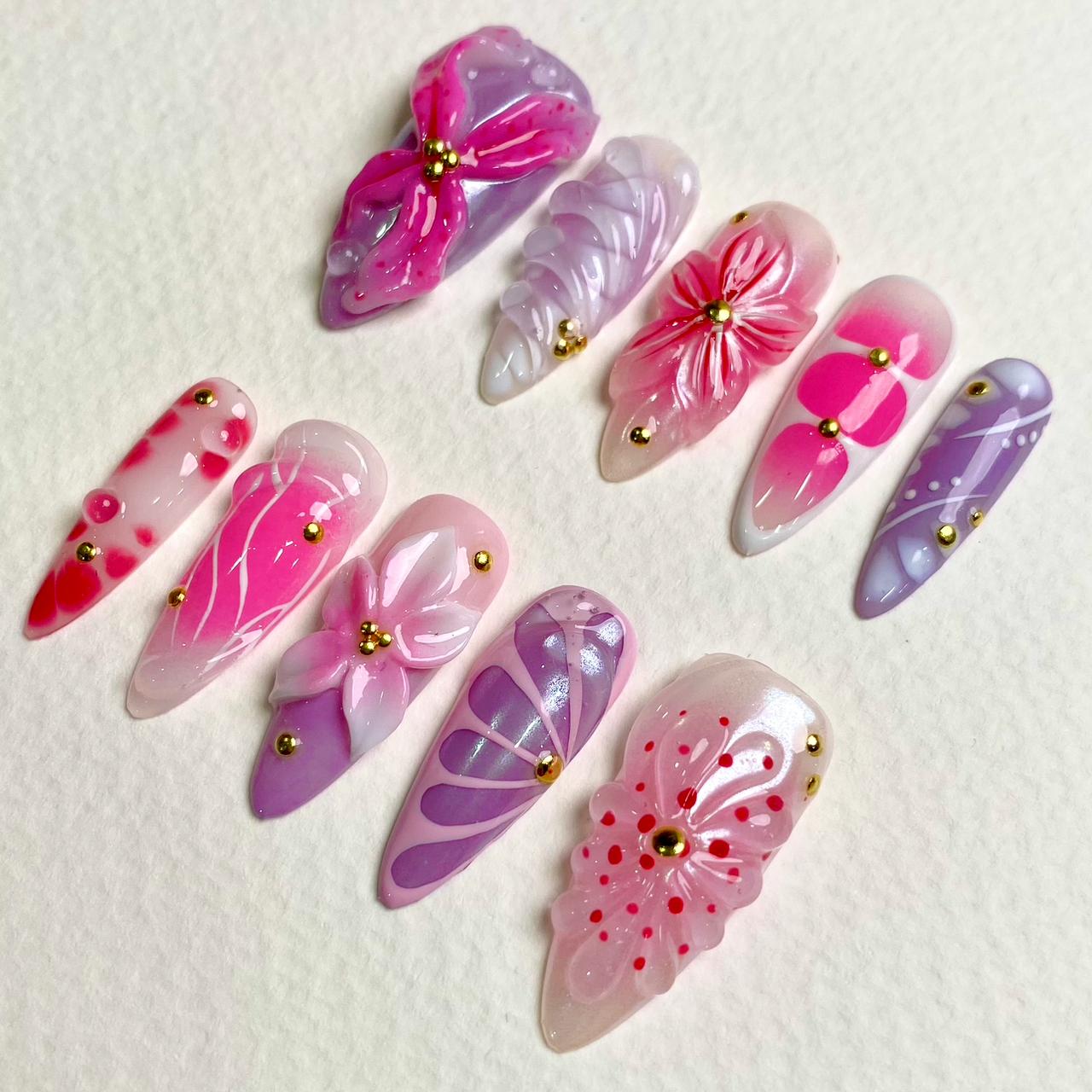 Lollipop Bloom Purple Pink Press-On Nails, 3D Bow & Flower Cute Fake Nails