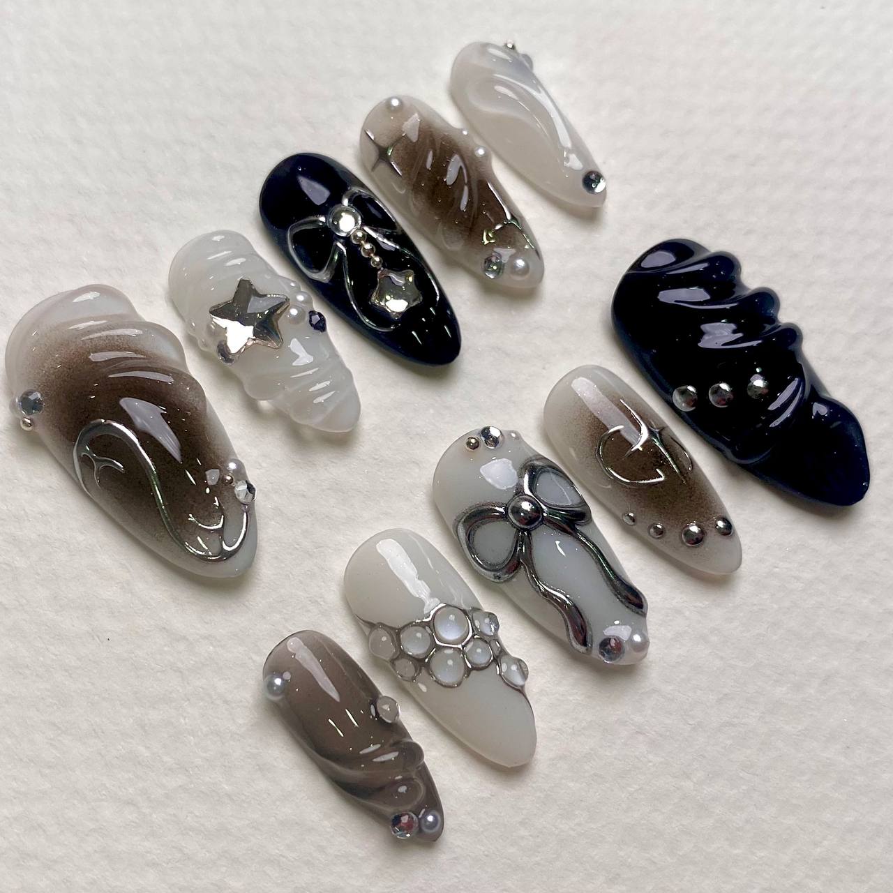 Moonshadow Starry Grey Ribbon Press-On Nails, Black & Silver 3D Gothic Fake Nails