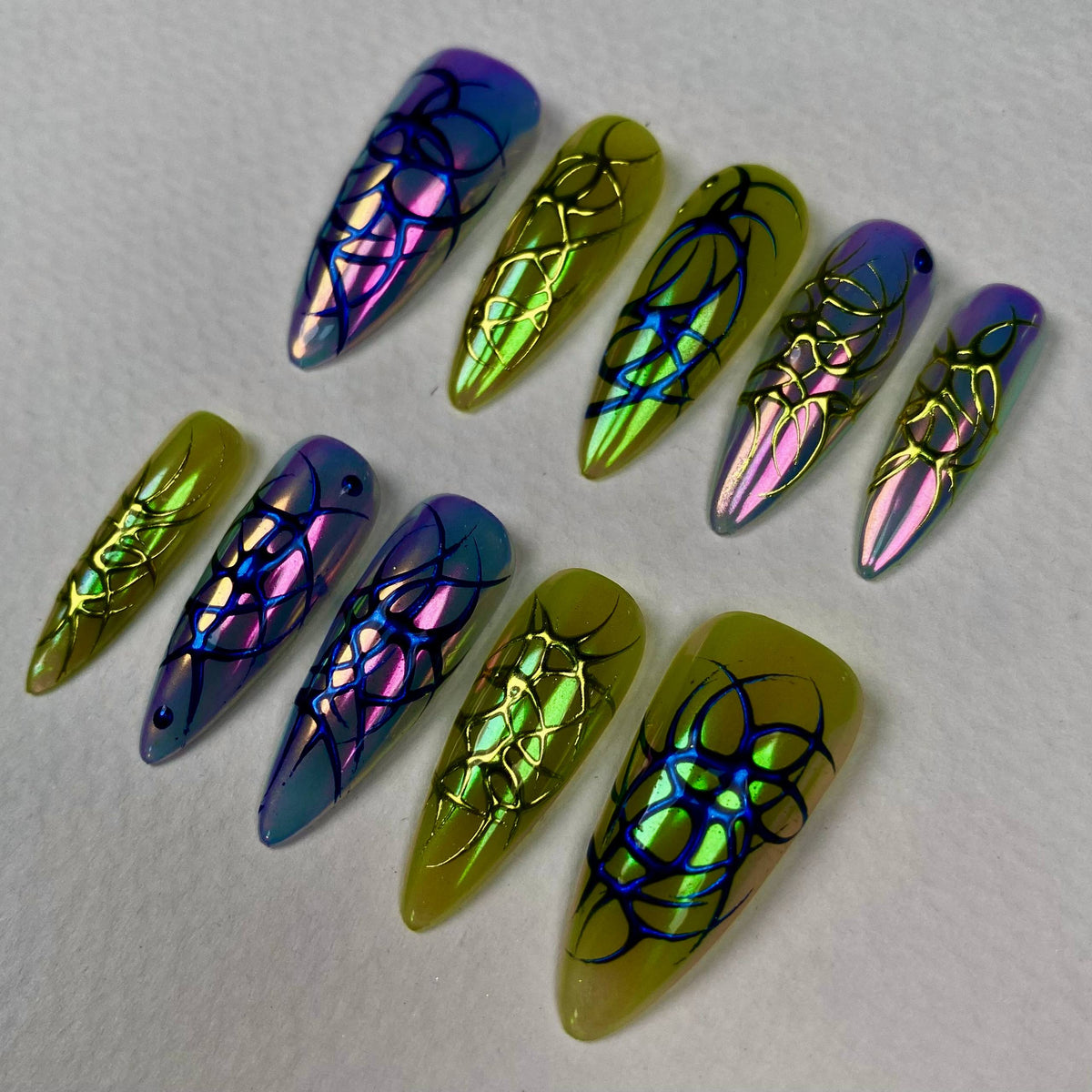 Colorful Tribal Y2K Chrome Press-On Nails – Iridescent Cyber Fake Nails