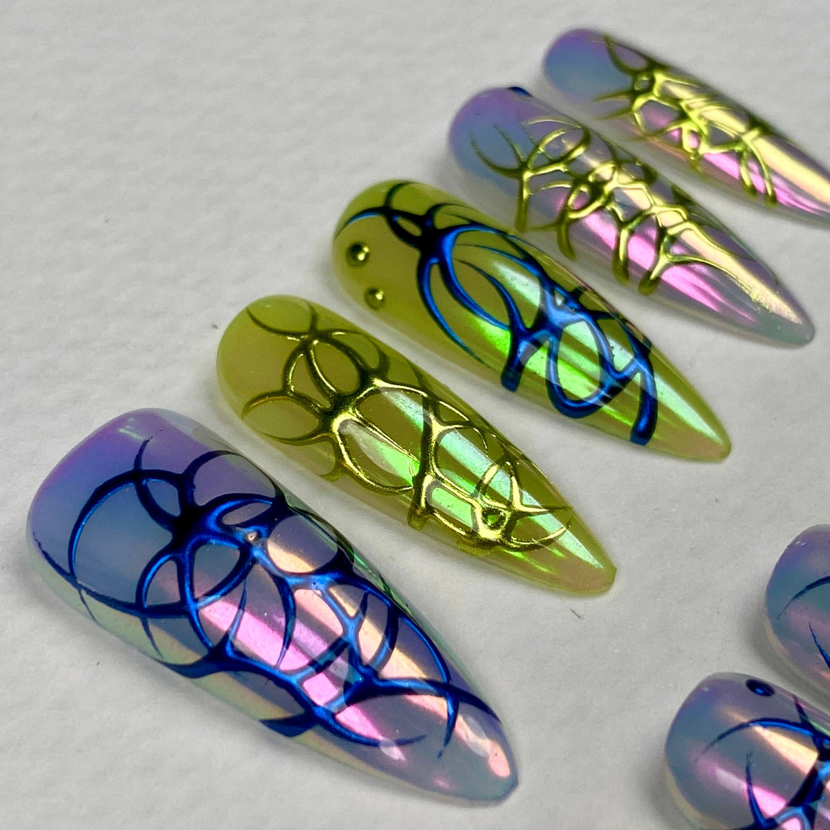 Colorful Tribal Y2K Chrome Press-On Nails – Iridescent Cyber Fake Nails