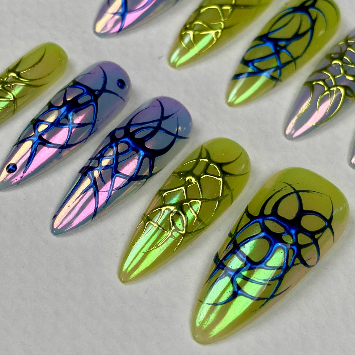 Colorful Tribal Y2K Chrome Press-On Nails – Iridescent Cyber Fake Nails