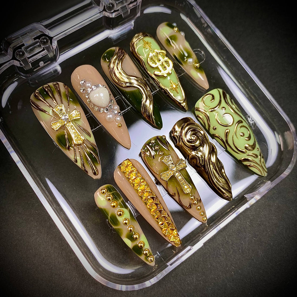 Olive Green Gold Chrome Gothic Press-On Nails – Luxury Cross Y2K Fake Nails