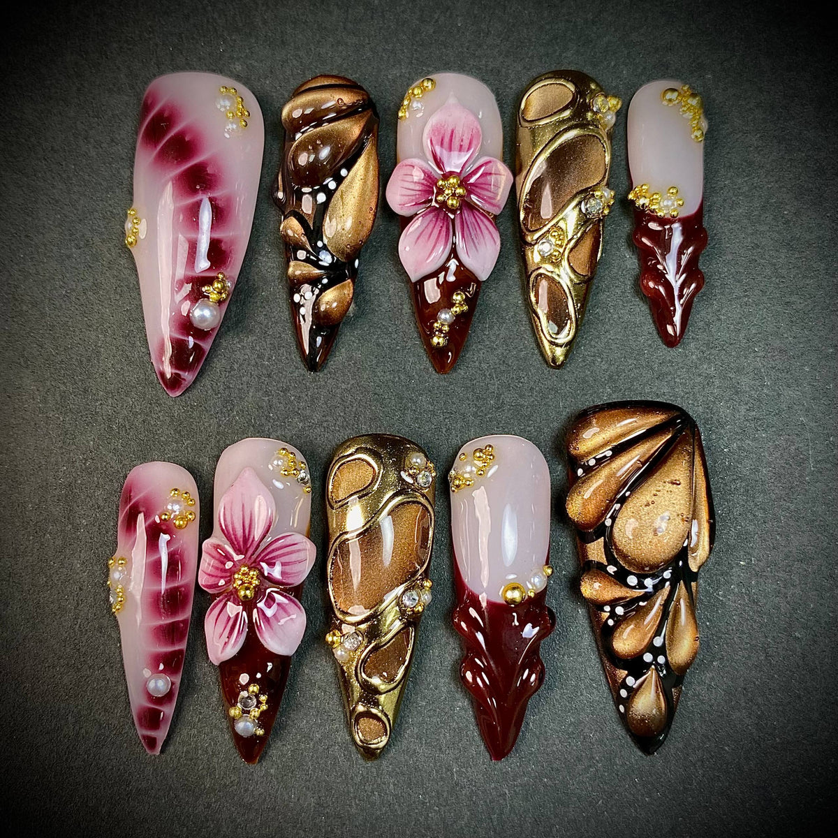 Burgundy Floral Gold Chrome Press-On Nails – 3D Flower Luxury Fake Nails
