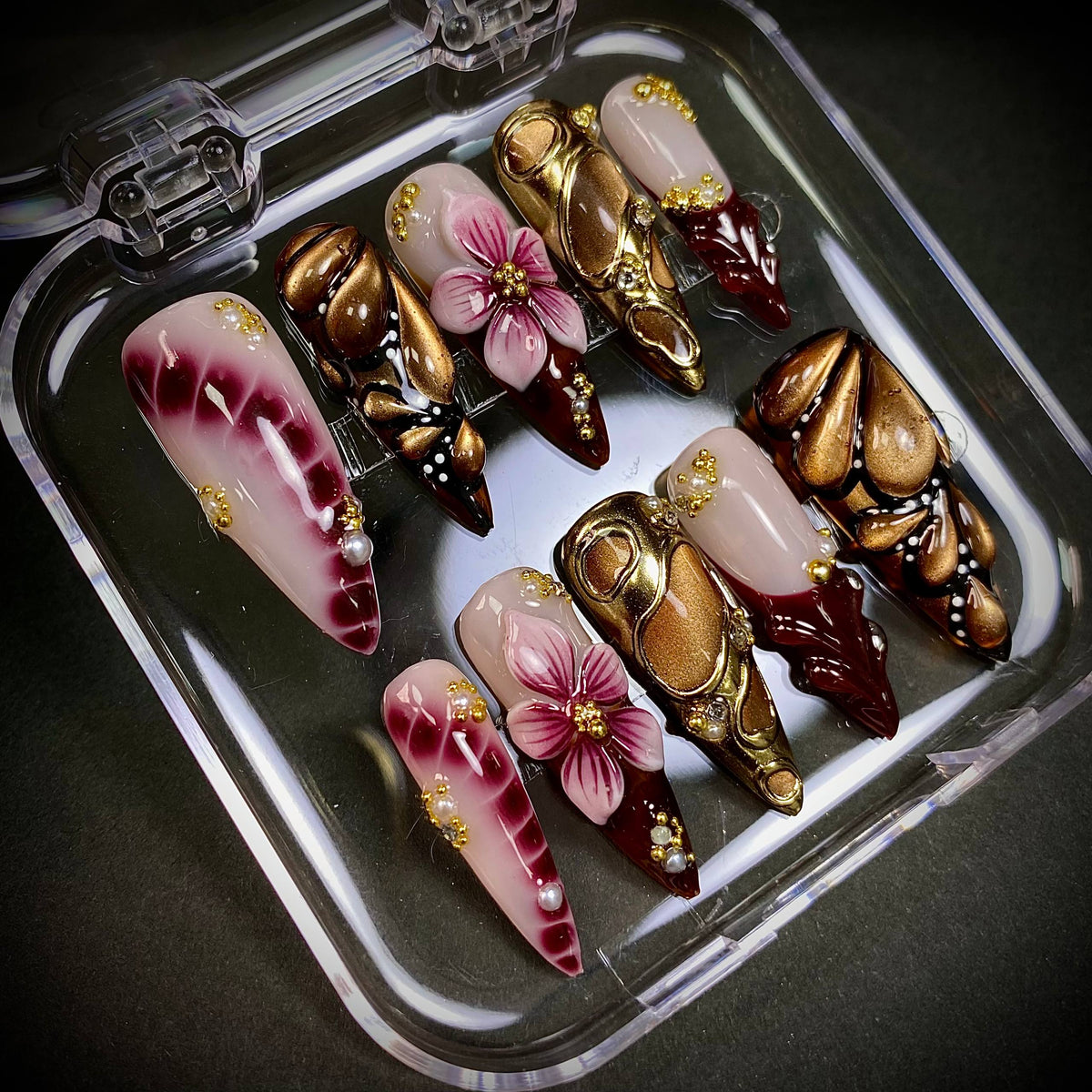 Burgundy Floral Gold Chrome Press-On Nails – 3D Flower Luxury Fake Nails